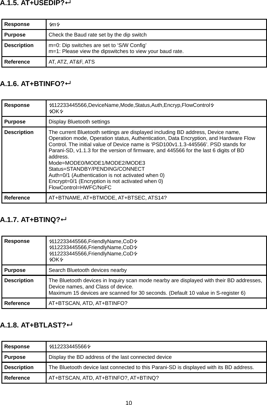 10  A.1.5. AT+USEDIP?   Response  m Purpose  Check the Baud rate set by the dip switch Description  m=0: Dip switches are set to ‘S/W Config’ m=1: Please view the dipswitches to view your baud rate. Reference  AT, ATZ, AT&amp;F, ATS  A.1.6. AT+BTINFO?  Response  112233445566,DeviceName,Mode,Status,Auth,Encryp,FlowControl OK Purpose  Display Bluetooth settings Description  The current Bluetooth settings are displayed including BD address, Device name, Operation mode, Operation status, Authentication, Data Encryption, and Hardware Flow Control. The initial value of Device name is ‘PSD100v1.1.3-445566’. PSD stands for Parani-SD, v1.1.3 for the version of firmware, and 445566 for the last 6 digits of BD address. Mode=MODE0/MODE1/MODE2/MODE3 Status=STANDBY/PENDING/CONNECT Auth=0/1 (Authentication is not activated when 0) Encrypt=0/1 (Encryption is not activated when 0) FlowControl=HWFC/NoFC Reference  AT+BTNAME, AT+BTMODE, AT+BTSEC, ATS14?  A.1.7. AT+BTINQ?   Response  112233445566,FriendlyName,CoD 112233445566,FriendlyName,CoD 112233445566,FriendlyName,CoD OK Purpose  Search Bluetooth devices nearby Description  The Bluetooth devices in Inquiry scan mode nearby are displayed with their BD addresses, Device names, and Class of device. Maximum 15 devices are scanned for 30 seconds. (Default 10 value in S-register 6) Reference  AT+BTSCAN, ATD, AT+BTINFO?  A.1.8. AT+BTLAST?  Response  112233445566 Purpose  Display the BD address of the last connected device Description  The Bluetooth device last connected to this Parani-SD is displayed with its BD address. Reference  AT+BTSCAN, ATD, AT+BTINFO?, AT+BTINQ?  