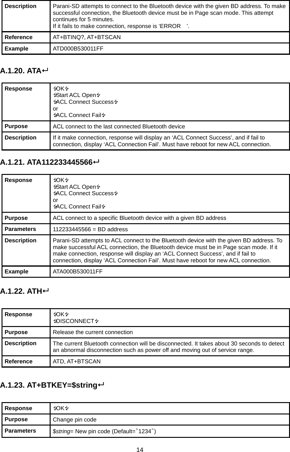 14 Description  Parani-SD attempts to connect to the Bluetooth device with the given BD address. To make successful connection, the Bluetooth device must be in Page scan mode. This attempt continues for 5 minutes. If it fails to make connection, response is ‘ERROR    ’. Reference  AT+BTINQ?, AT+BTSCAN Example  ATD000B530011FF  A.1.20. ATA  Response  OK Start ACL Open ACL Connect Success or ACL Connect Fail Purpose  ACL connect to the last connected Bluetooth device Description  If it make connection, response will display an ‘ACL Connect Success’, and if fail to connection, display ‘ACL Connection Fail’. Must have reboot for new ACL connection.  A.1.21. ATA112233445566  Response  OK Start ACL Open ACL Connect Success or ACL Connect Fail Purpose  ACL connect to a specific Bluetooth device with a given BD address Parameters  112233445566 = BD address Description  Parani-SD attempts to ACL connect to the Bluetooth device with the given BD address. To make successful ACL connection, the Bluetooth device must be in Page scan mode. If it make connection, response will display an ‘ACL Connect Success’, and if fail to connection, display ‘ACL Connection Fail’. Must have reboot for new ACL connection. Example  ATA000B530011FF  A.1.22. ATH  Response  OK DISCONNECT Purpose  Release the current connection Description  The current Bluetooth connection will be disconnected. It takes about 30 seconds to detect an abnormal disconnection such as power off and moving out of service range. Reference  ATD, AT+BTSCAN  A.1.23. AT+BTKEY=$string  Response  OK Purpose  Change pin code Parameters  $string= New pin code (Default=”1234”) 