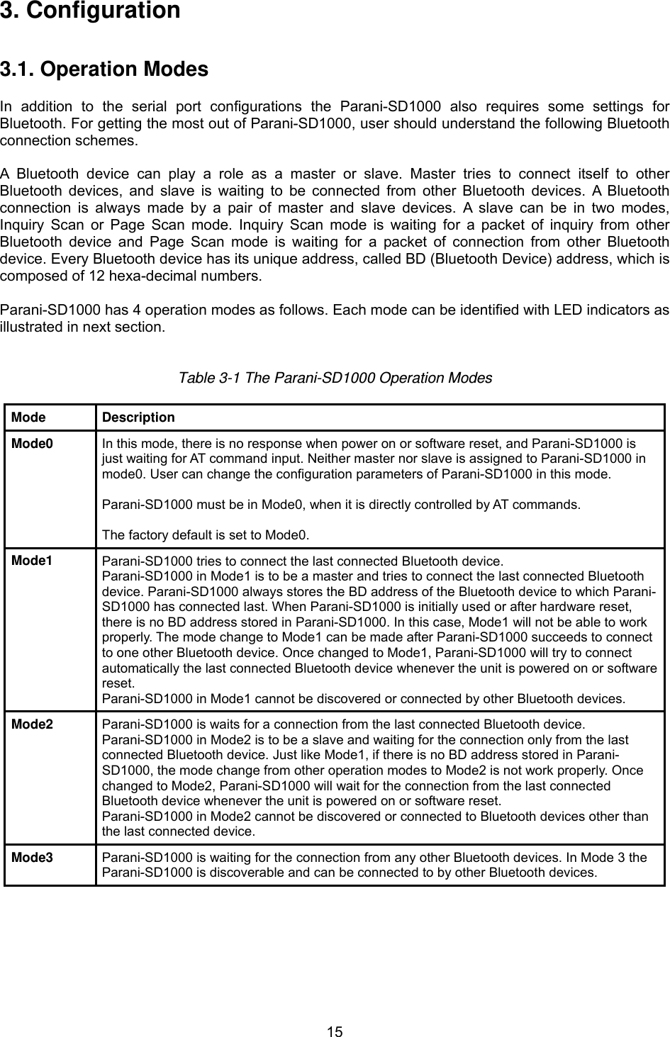  153. Configuration   3.1. Operation Modes  In addition to the serial port configurations the Parani-SD1000 also requires some settings for Bluetooth. For getting the most out of Parani-SD1000, user should understand the following Bluetooth connection schemes.  A Bluetooth device can play a role as a master or slave. Master tries to connect itself to other Bluetooth devices, and slave is waiting to be connected from other Bluetooth devices. A Bluetooth connection is always made by a pair of master and slave devices. A slave can be in two modes, Inquiry Scan or Page Scan mode. Inquiry Scan mode is waiting for a packet of inquiry from other Bluetooth device and Page Scan mode is waiting for a packet of connection from other Bluetooth device. Every Bluetooth device has its unique address, called BD (Bluetooth Device) address, which is composed of 12 hexa-decimal numbers.  Parani-SD1000 has 4 operation modes as follows. Each mode can be identified with LED indicators as illustrated in next section.   Table 3-1 The Parani-SD1000 Operation Modes  Mode Description Mode0  In this mode, there is no response when power on or software reset, and Parani-SD1000 is just waiting for AT command input. Neither master nor slave is assigned to Parani-SD1000 in mode0. User can change the configuration parameters of Parani-SD1000 in this mode.  Parani-SD1000 must be in Mode0, when it is directly controlled by AT commands.  The factory default is set to Mode0. Mode1  Parani-SD1000 tries to connect the last connected Bluetooth device. Parani-SD1000 in Mode1 is to be a master and tries to connect the last connected Bluetooth device. Parani-SD1000 always stores the BD address of the Bluetooth device to which Parani-SD1000 has connected last. When Parani-SD1000 is initially used or after hardware reset, there is no BD address stored in Parani-SD1000. In this case, Mode1 will not be able to work properly. The mode change to Mode1 can be made after Parani-SD1000 succeeds to connect to one other Bluetooth device. Once changed to Mode1, Parani-SD1000 will try to connect automatically the last connected Bluetooth device whenever the unit is powered on or software reset. Parani-SD1000 in Mode1 cannot be discovered or connected by other Bluetooth devices. Mode2  Parani-SD1000 is waits for a connection from the last connected Bluetooth device. Parani-SD1000 in Mode2 is to be a slave and waiting for the connection only from the last connected Bluetooth device. Just like Mode1, if there is no BD address stored in Parani-SD1000, the mode change from other operation modes to Mode2 is not work properly. Once changed to Mode2, Parani-SD1000 will wait for the connection from the last connected Bluetooth device whenever the unit is powered on or software reset. Parani-SD1000 in Mode2 cannot be discovered or connected to Bluetooth devices other than the last connected device. Mode3  Parani-SD1000 is waiting for the connection from any other Bluetooth devices. In Mode 3 the Parani-SD1000 is discoverable and can be connected to by other Bluetooth devices.     