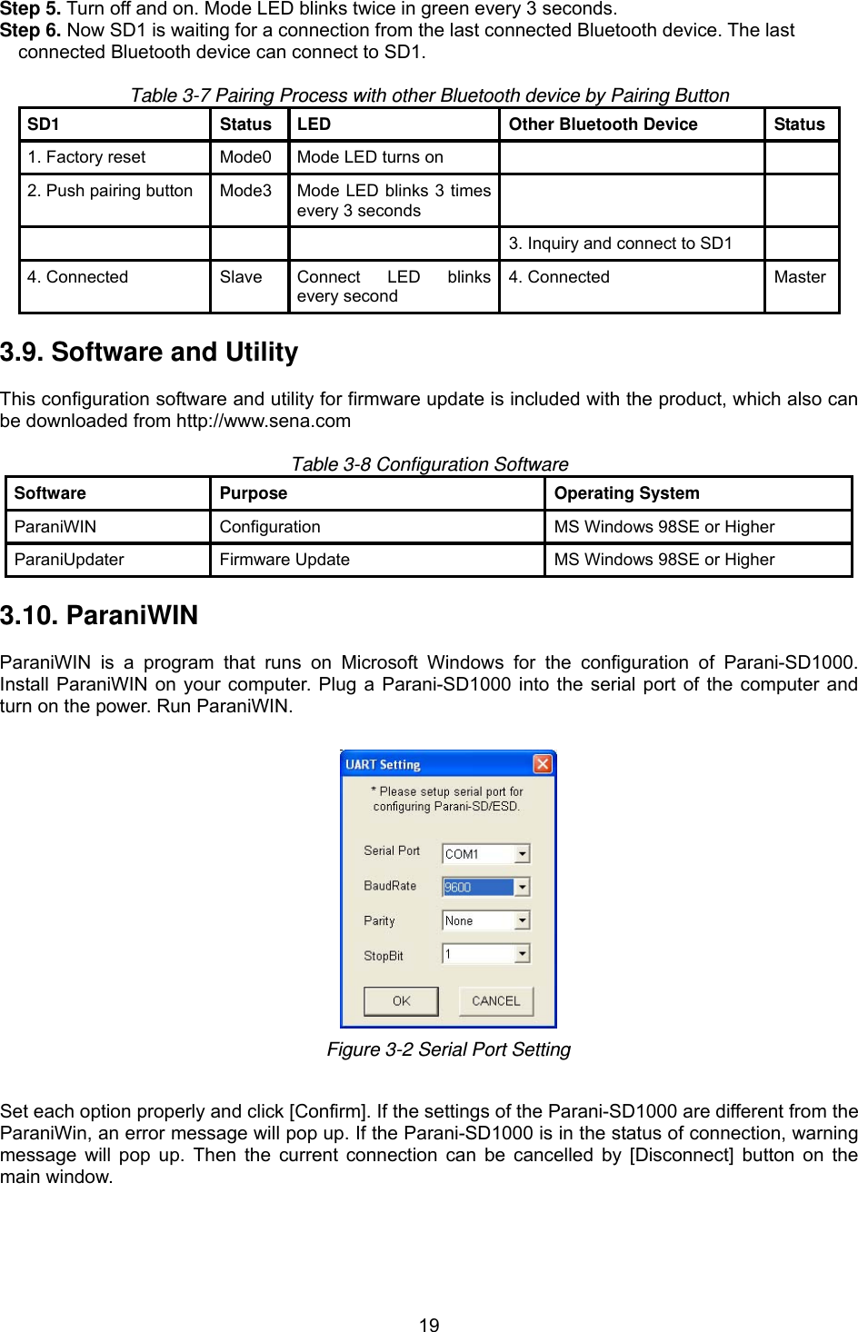  19Step 5. Turn off and on. Mode LED blinks twice in green every 3 seconds. Step 6. Now SD1 is waiting for a connection from the last connected Bluetooth device. The last   connected Bluetooth device can connect to SD1.  Table 3-7 Pairing Process with other Bluetooth device by Pairing Button SD1  Status  LED  Other Bluetooth Device  Status1. Factory reset  Mode0  Mode LED turns on     2. Push pairing button  Mode3  Mode LED blinks 3 times every 3 seconds         3. Inquiry and connect to SD1   4. Connected  Slave  Connect LED blinks every second 4. Connected  Master 3.9. Software and Utility  This configuration software and utility for firmware update is included with the product, which also can be downloaded from http://www.sena.com  Table 3-8 Configuration Software Software Purpose  Operating System ParaniWIN    Configuration  MS Windows 98SE or Higher   ParaniUpdater    Firmware Update  MS Windows 98SE or Higher    3.10. ParaniWIN  ParaniWIN is a program that runs on Microsoft Windows for the configuration of Parani-SD1000. Install ParaniWIN on your computer. Plug a Parani-SD1000 into the serial port of the computer and turn on the power. Run ParaniWIN.       Figure 3-2 Serial Port Setting  Set each option properly and click [Confirm]. If the settings of the Parani-SD1000 are different from the ParaniWin, an error message will pop up. If the Parani-SD1000 is in the status of connection, warning message will pop up. Then the current connection can be cancelled by [Disconnect] button on the main window.  