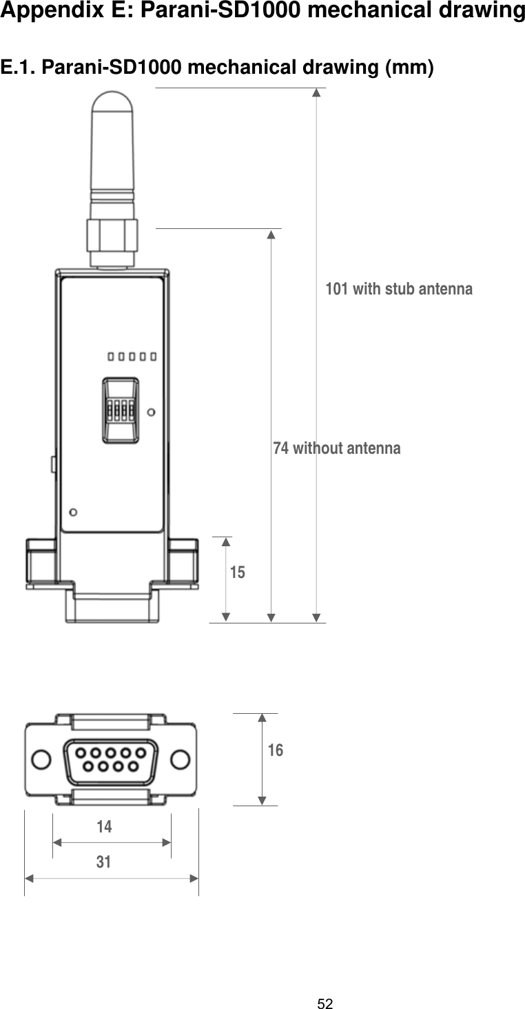  52Appendix E: Parani-SD1000 mechanical drawing   E.1. Parani-SD1000 mechanical drawing (mm)    101 with stub antenna 16 74 without antenna 15 31 14 