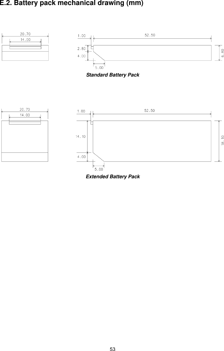  53E.2. Battery pack mechanical drawing (mm)      Standard Battery Pack       Extended Battery Pack    