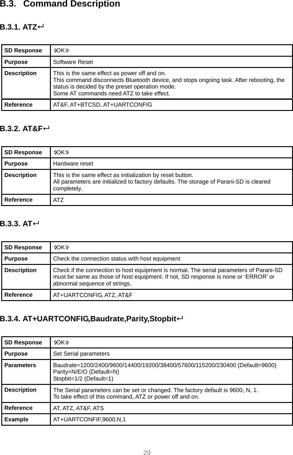  29 B.3.   Command Description  B.3.1. ATZ  SD Response  OK Purpose  Software Reset Description  This is the same effect as power off and on. This command disconnects Bluetooth device, and stops ongoing task. After rebooting, the status is decided by the preset operation mode. Some AT commands need ATZ to take effect. Reference  AT&amp;F, AT+BTCSD, AT+UARTCONFIG  B.3.2. AT&amp;F  SD Response  OK Purpose  Hardware reset Description  This is the same effect as initialization by reset button. All parameters are initialized to factory defaults. The storage of Parani-SD is cleared completely. Reference  ATZ  B.3.3. AT  SD Response  OK Purpose  Check the connection status with host equipment Description  Check if the connection to host equipment is normal. The serial parameters of Parani-SD must be same as those of host equipment. If not, SD response is none or ‘ERROR’ or abnormal sequence of strings. Reference  AT+UARTCONFIG, ATZ, AT&amp;F  B.3.4. AT+UARTCONFIG,Baudrate,Parity,Stopbit  SD Response  OK Purpose  Set Serial parameters Parameters  Baudrate=1200/2400/9600/14400/19200/38400/57600/115200/230400 (Default=9600) Parity=N/E/O (Default=N) Stopbit=1/2 (Default=1) Description  The Serial parameters can be set or changed. The factory default is 9600, N, 1. To take effect of this command, ATZ or power off and on. Reference  AT, ATZ, AT&amp;F, ATS Example  AT+UARTCONFIF,9600,N,1 