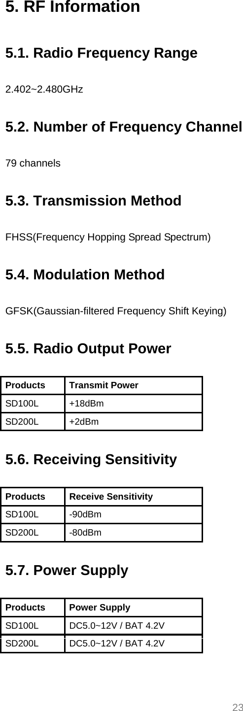  23 5. RF Information  5.1. Radio Frequency Range  2.402~2.480GHz  5.2. Number of Frequency Channel  79 channels  5.3. Transmission Method  FHSS(Frequency Hopping Spread Spectrum)  5.4. Modulation Method  GFSK(Gaussian-filtered Frequency Shift Keying)  5.5. Radio Output Power  Products Transmit Power SD100L +18dBm SD200L +2dBm  5.6. Receiving Sensitivity  Products Receive Sensitivity SD100L -90dBm SD200L -80dBm  5.7. Power Supply  Products Power Supply SD100L  DC5.0~12V / BAT 4.2V SD200L  DC5.0~12V / BAT 4.2V  
