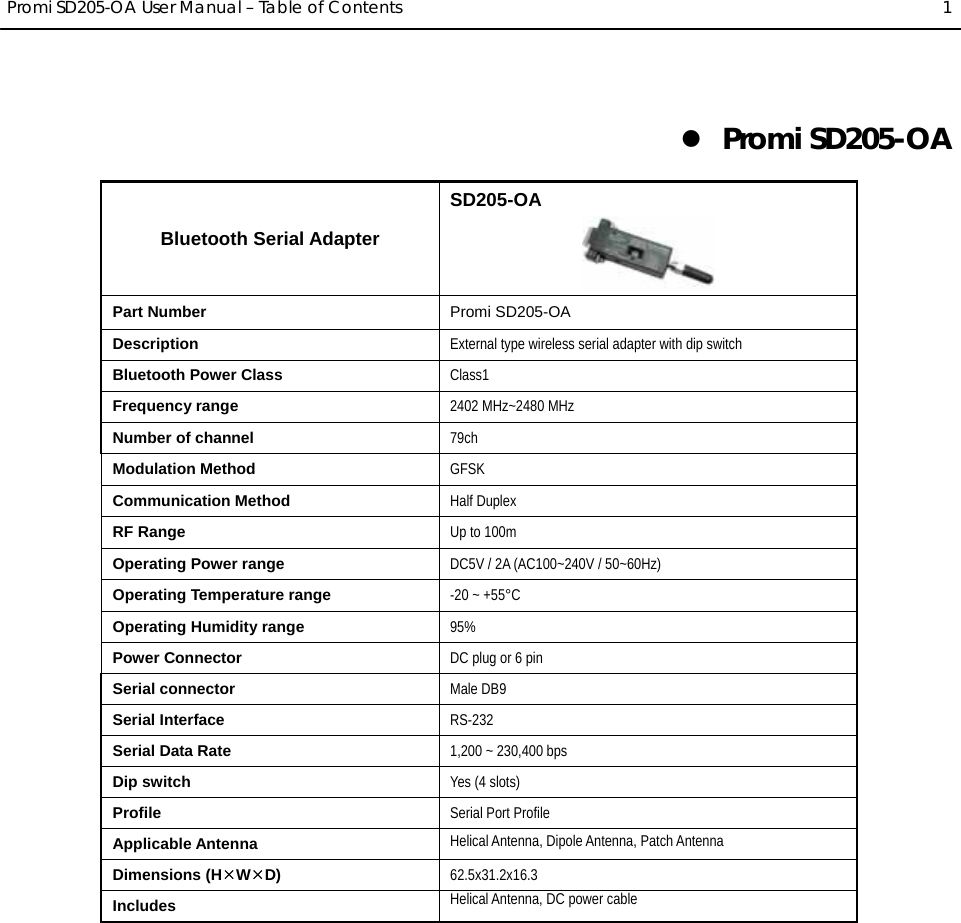  Promi SD205-OA User Manual – Table of Contents  1 z Promi SD205-OA Bluetooth Serial Adapter SD205-OA  Part Number  Promi SD205-OA Description  External type wireless serial adapter with dip switch Bluetooth Power Class  Class1 Frequency range  2402 MHz~2480 MHz Number of channel  79ch Modulation Method  GFSK Communication Method  Half Duplex RF Range  Up to 100m Operating Power range  DC5V / 2A (AC100~240V / 50~60Hz) Operating Temperature range  -20 ~ +55°C Operating Humidity range  95% Power Connector  DC plug or 6 pin Serial connector Male DB9 Serial Interface  RS-232 Serial Data Rate  1,200 ~ 230,400 bps Dip switch Yes (4 slots) Profile  Serial Port Profile Applicable Antenna Helical Antenna, Dipole Antenna, Patch Antenna Dimensions (H¯W¯D) 62.5x31.2x16.3 Includes  Helical Antenna, DC power cable  