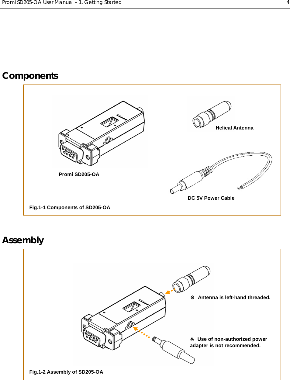  Promi SD205-OA User Manual – 1. Getting Started  4  Components  Assembly   Promi SD205-OA Helical Antenna DC 5V Power Cable Fig.1-1 Components of SD205-OA ※  Antenna is left-hand threaded. Fig.1-2 Assembly of SD205-OA ※  Use of non-authorized power adapter is not recommended. 