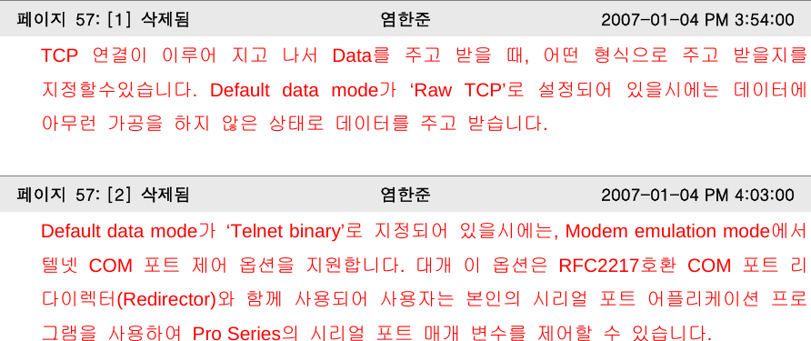 페이지  57: [1]  삭제됨  염한준  2007-01-04 PM 3:54:00 TCP  연결이 이루어 지고 나서 Data를 주고 받을 때,  어떤 형식으로 주고 받을지를 지정할수있습니다. Default data mode가 ‘Raw TCP’로 설정되어 있을시에는 데이터에 아무런 가공을 하지 않은 상태로 데이터를 주고 받습니다.  페이지  57: [2]  삭제됨  염한준  2007-01-04 PM 4:03:00 Default data mode가 ‘Telnet binary’로 지정되어 있을시에는, Modem emulation mode에서 텔넷 COM 포트 제어 옵션을 지원합니다.  대개 이 옵션은 RFC2217호환 COM 포트 리다이렉터(Redirector)와 함께 사용되어 사용자는 본인의 시리얼 포트 어플리케이션 프로그램을 사용하여 Pro Series의 시리얼 포트 매개 변수를 제어할 수 있습니다.   