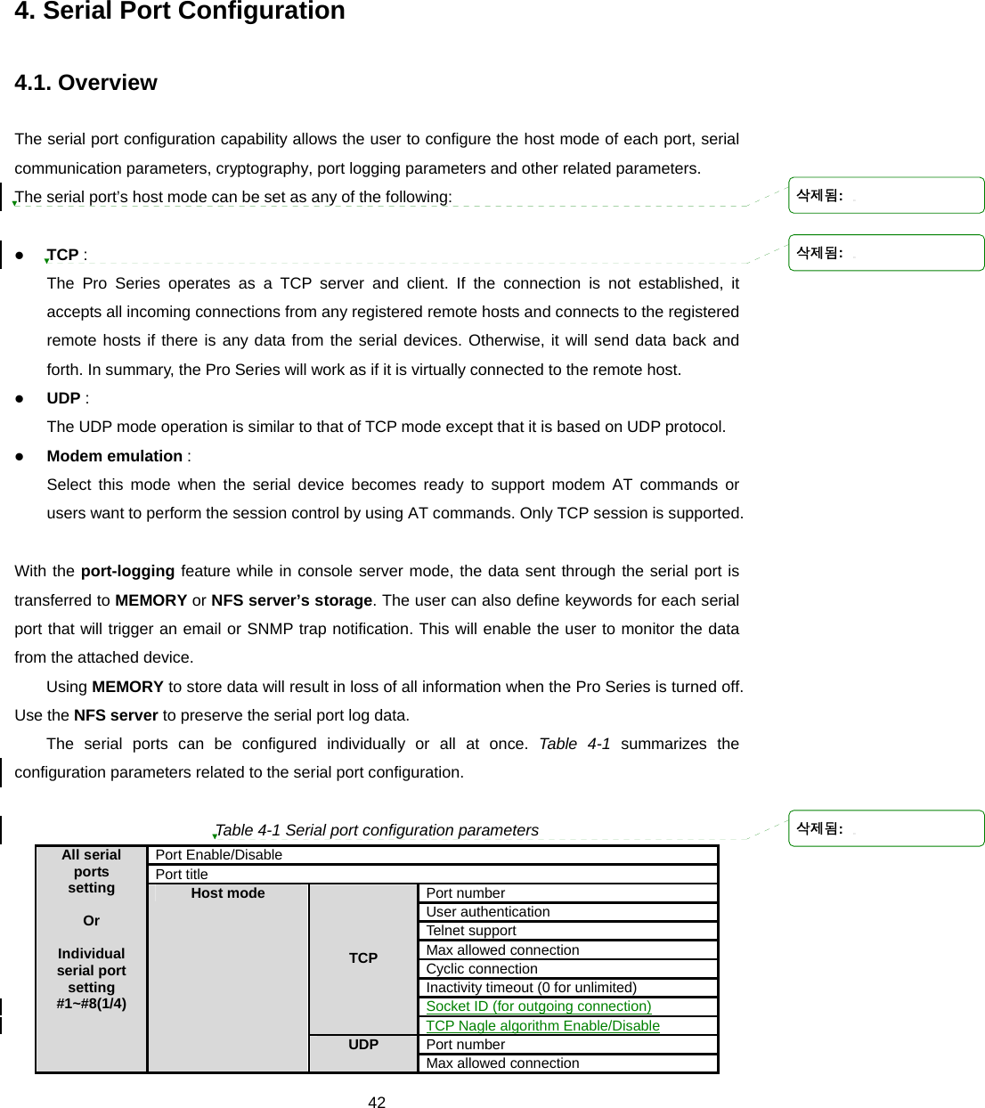  424. Serial Port Configuration  4.1. Overview  The serial port configuration capability allows the user to configure the host mode of each port, serial communication parameters, cryptography, port logging parameters and other related parameters. The serial port’s host mode can be set as any of the following:    z TCP :  The Pro Series operates as a TCP server and client. If the connection is not established, it accepts all incoming connections from any registered remote hosts and connects to the registered remote hosts if there is any data from the serial devices. Otherwise, it will send data back and forth. In summary, the Pro Series will work as if it is virtually connected to the remote host. z UDP :  The UDP mode operation is similar to that of TCP mode except that it is based on UDP protocol. z Modem emulation :  Select this mode when the serial device becomes ready to support modem AT commands or users want to perform the session control by using AT commands. Only TCP session is supported.  With the port-logging feature while in console server mode, the data sent through the serial port is transferred to MEMORY or NFS server’s storage. The user can also define keywords for each serial port that will trigger an email or SNMP trap notification. This will enable the user to monitor the data from the attached device.   Using MEMORY to store data will result in loss of all information when the Pro Series is turned off.   Use the NFS server to preserve the serial port log data.   The serial ports can be configured individually or all at once. Table 4-1 summarizes the configuration parameters related to the serial port configuration.    Table 4-1 Serial port configuration parameters Port Enable/Disable Port title Port number User authentication Telnet support Max allowed connection Cyclic connection Inactivity timeout (0 for unlimited) Socket ID (for outgoing connection) TCP TCP Nagle algorithm Enable/Disable Port number All serial ports setting  Or   Individual serial port setting #1~#8(1/4) Host mode UDP Max allowed connection 삭제됨: 삭제됨: 삭제됨: 