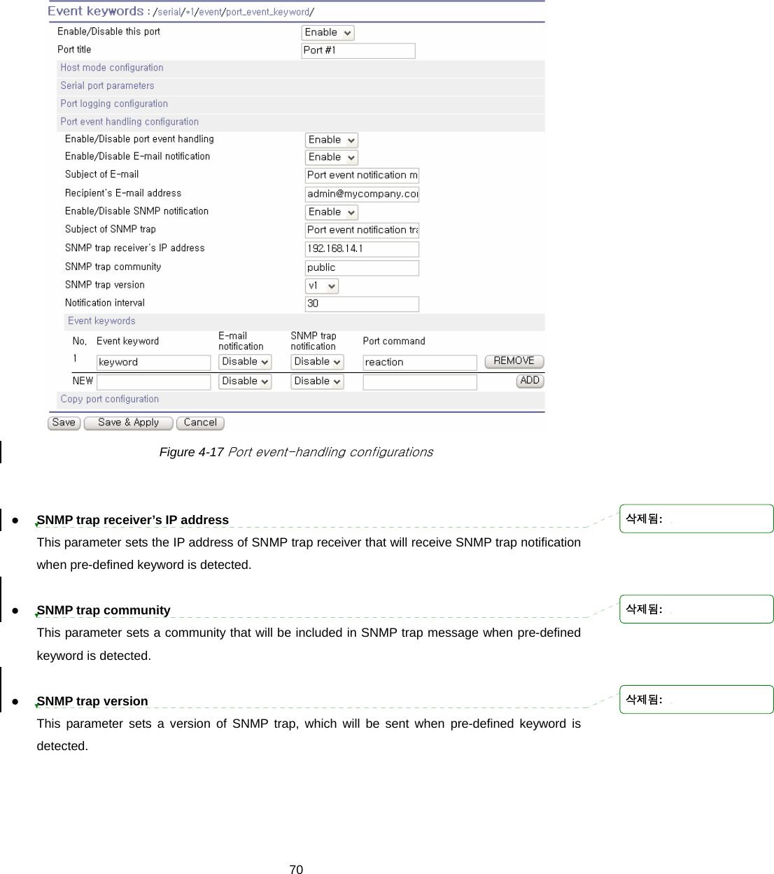  70 Figure 4-17 Port event-handling configurations   z SNMP trap receiver’s IP address This parameter sets the IP address of SNMP trap receiver that will receive SNMP trap notification when pre-defined keyword is detected.  z SNMP trap community This parameter sets a community that will be included in SNMP trap message when pre-defined keyword is detected.  z SNMP trap version This parameter sets a version of SNMP trap, which will be sent when pre-defined keyword is detected.  삭제됨: 삭제됨: 삭제됨: 