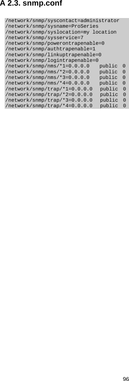  96 A 2.3. snmp.conf  /network/snmp/syscontact=administrator /network/snmp/sysname=ProSeries /network/snmp/syslocation=my location /network/snmp/sysservice=7 /network/snmp/powerontrapenable=0 /network/snmp/authtrapenable=1 /network/snmp/linkuptrapenable=0 /network/snmp/logintrapenable=0 /network/snmp/nms/*1=0.0.0.0    public  0 /network/snmp/nms/*2=0.0.0.0    public  0 /network/snmp/nms/*3=0.0.0.0    public  0 /network/snmp/nms/*4=0.0.0.0    public  0 /network/snmp/trap/*1=0.0.0.0   public  0 /network/snmp/trap/*2=0.0.0.0   public  0 /network/snmp/trap/*3=0.0.0.0   public  0 /network/snmp/trap/*4=0.0.0.0   public  0   