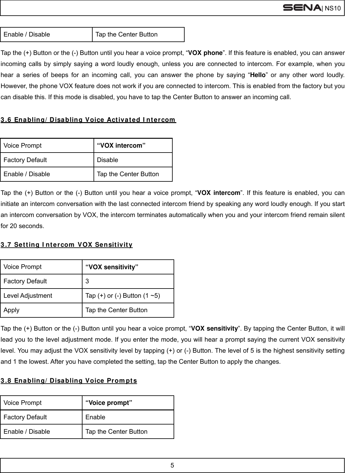 | NS10   5  Enable / Disable  Tap the Center Button  Tap the (+) Button or the (-) Button until you hear a voice prompt, “VOX phone”. If this feature is enabled, you can answer incoming calls by simply saying a word loudly enough, unless you are connected to intercom. For example, when you hear a series of beeps for an incoming call, you can answer the phone by saying “Hello” or any other word loudly. However, the phone VOX feature does not work if you are connected to intercom. This is enabled from the factory but you can disable this. If this mode is disabled, you have to tap the Center Button to answer an incoming call.   3.6 Enabling/Disabling Voice Activated Intercom   Voice Prompt  “VOX intercom” Factory Default  Disable Enable / Disable  Tap the Center Button  Tap the (+) Button or the (-) Button until you hear a voice prompt, “VOX intercom”. If this feature is enabled, you can initiate an intercom conversation with the last connected intercom friend by speaking any word loudly enough. If you start an intercom conversation by VOX, the intercom terminates automatically when you and your intercom friend remain silent for 20 seconds.   3.7 Setting Intercom VOX Sensitivity  Voice Prompt  “VOX sensitivity” Factory Default  3 Level Adjustment  Tap (+) or (-) Button (1 ~5) Apply  Tap the Center Button  Tap the (+) Button or the (-) Button until you hear a voice prompt, “VOX sensitivity”. By tapping the Center Button, it will lead you to the level adjustment mode. If you enter the mode, you will hear a prompt saying the current VOX sensitivity level. You may adjust the VOX sensitivity level by tapping (+) or (-) Button. The level of 5 is the highest sensitivity setting and 1 the lowest. After you have completed the setting, tap the Center Button to apply the changes.   3.8 Enabling/Disabling Voice Prompts  Voice Prompt  “Voice prompt” Factory Default  Enable Enable / Disable  Tap the Center Button  