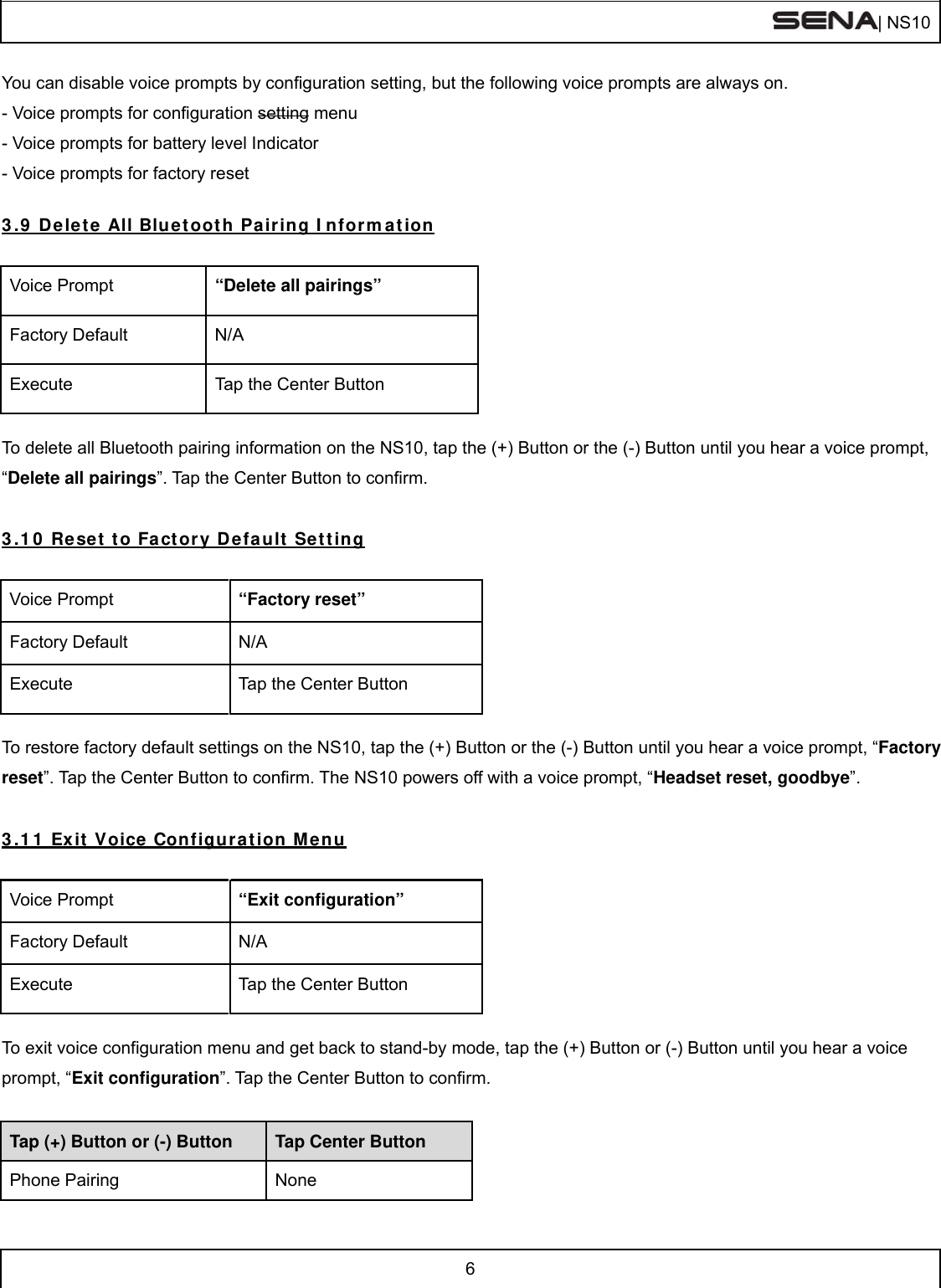  | NS10   6  You can disable voice prompts by configuration setting, but the following voice prompts are always on. - Voice prompts for configuration setting menu - Voice prompts for battery level Indicator - Voice prompts for factory reset  3.9 Delete All Bluetooth Pairing Information  Voice Prompt  “Delete all pairings” Factory Default  N/A Execute  Tap the Center Button  To delete all Bluetooth pairing information on the NS10, tap the (+) Button or the (-) Button until you hear a voice prompt, “Delete all pairings”. Tap the Center Button to confirm.   3.10 Reset to Factory Default Setting  Voice Prompt  “Factory reset” Factory Default  N/A Execute  Tap the Center Button  To restore factory default settings on the NS10, tap the (+) Button or the (-) Button until you hear a voice prompt, “Factory reset”. Tap the Center Button to confirm. The NS10 powers off with a voice prompt, “Headset reset, goodbye”.  3.11 Exit Voice Configuration Menu  Voice Prompt  “Exit configuration” Factory Default  N/A Execute  Tap the Center Button  To exit voice configuration menu and get back to stand-by mode, tap the (+) Button or (-) Button until you hear a voice prompt, “Exit configuration”. Tap the Center Button to confirm.   Tap (+) Button or (-) Button Tap Center Button Phone Pairing  None 