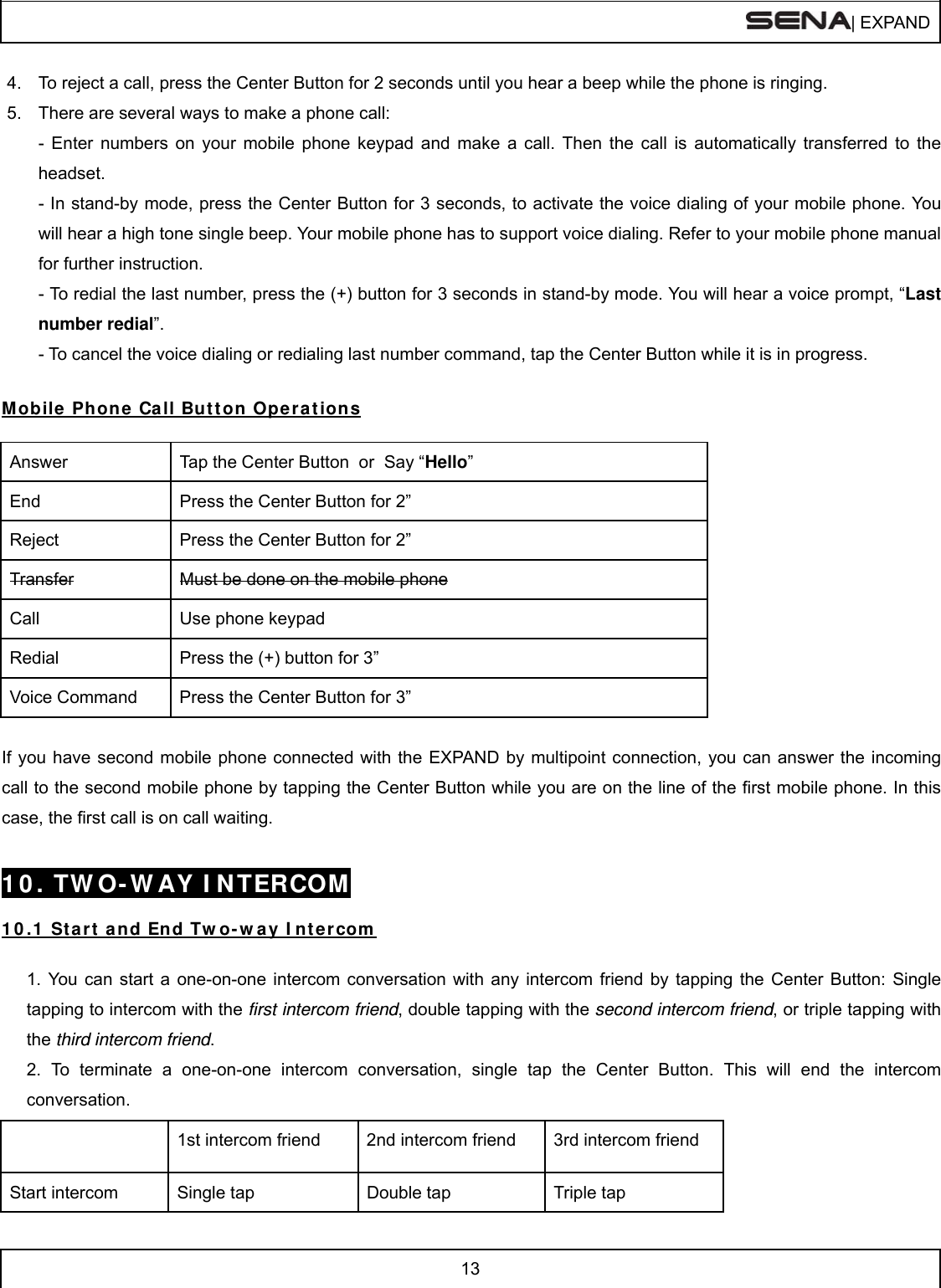  | EXPAND  13  4.  To reject a call, press the Center Button for 2 seconds until you hear a beep while the phone is ringing. 5.  There are several ways to make a phone call: - Enter numbers on your mobile phone keypad and make a call. Then the call is automatically transferred to the headset. - In stand-by mode, press the Center Button for 3 seconds, to activate the voice dialing of your mobile phone. You will hear a high tone single beep. Your mobile phone has to support voice dialing. Refer to your mobile phone manual for further instruction. - To redial the last number, press the (+) button for 3 seconds in stand-by mode. You will hear a voice prompt, “Last number redial”. - To cancel the voice dialing or redialing last number command, tap the Center Button while it is in progress.  Mobile Phone Ca ll But t on Oper a t ions  Answer  Tap the Center Button  or  Say “Hello” End  Press the Center Button for 2” Reject  Press the Center Button for 2” Transfer  Must be done on the mobile phone Call  Use phone keypad Redial  Press the (+) button for 3” Voice Command  Press the Center Button for 3”  If you have second mobile phone connected with the EXPAND by multipoint connection, you can answer the incoming call to the second mobile phone by tapping the Center Button while you are on the line of the first mobile phone. In this case, the first call is on call waiting.  1 0 . TW O- W AY I N TERCOM   1 0 .1  St art and End Tw o- w ay I nt ercom   1. You can start a one-on-one intercom conversation with any intercom friend by tapping the Center Button: Single tapping to intercom with the first intercom friend, double tapping with the second intercom friend, or triple tapping with the third intercom friend. 2. To terminate a one-on-one intercom conversation, single tap the Center Button. This will end the intercom conversation.       1st intercom friend  2nd intercom friend  3rd intercom friend Start intercom  Single tap  Double tap  Triple tap 