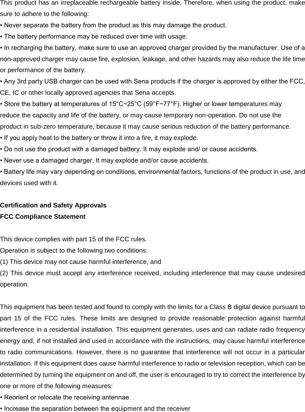 Page 11 of SENA TECHNOLOGIES SP13 BLUETOOTH STEREO MOTORCYCLE HEADSET User Manual 10R OEM 01 Manual ENG  rev2