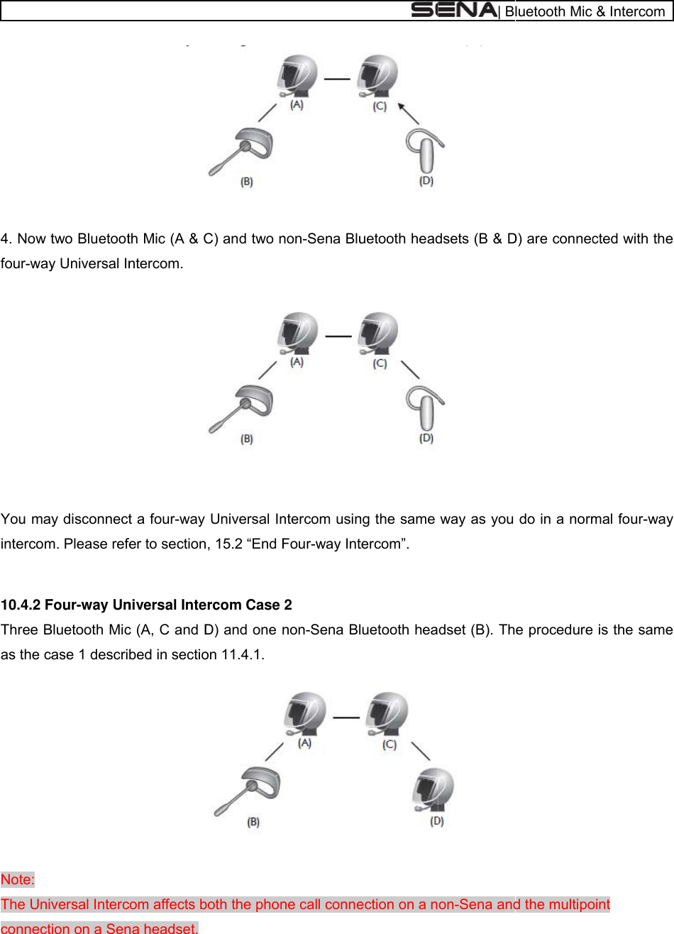   4. Now tfour-wayYou mayintercom 10.4.2 FThree Bas the ca Note: The Univconnecttwo Bluetooty Universal Iny disconnectm. Please refeFour-way UnBluetooth Micase 1 descriversal Intercion on a Senth Mic (A &amp; Cntercom. t a four-way fer to sectionniversal Intec (A, C and Dbed in sectiocom affects bna headset.  C) and two nUniversal In, 15.2 “End Frcom Case D) and one non 11.4.1. both the phon non-Sena Blu   ntercom usinFour-way Int2 non-Sena Blne call conneuetooth headng the same tercom”. uetooth heaection on a n| B dsets (B &amp; D way as you dset (B). Th on-Sena andluetooth Mic D) are connecdo in a norme procedured the multipo&amp; Intercomcted with themal four-way is the sameoint e y e 