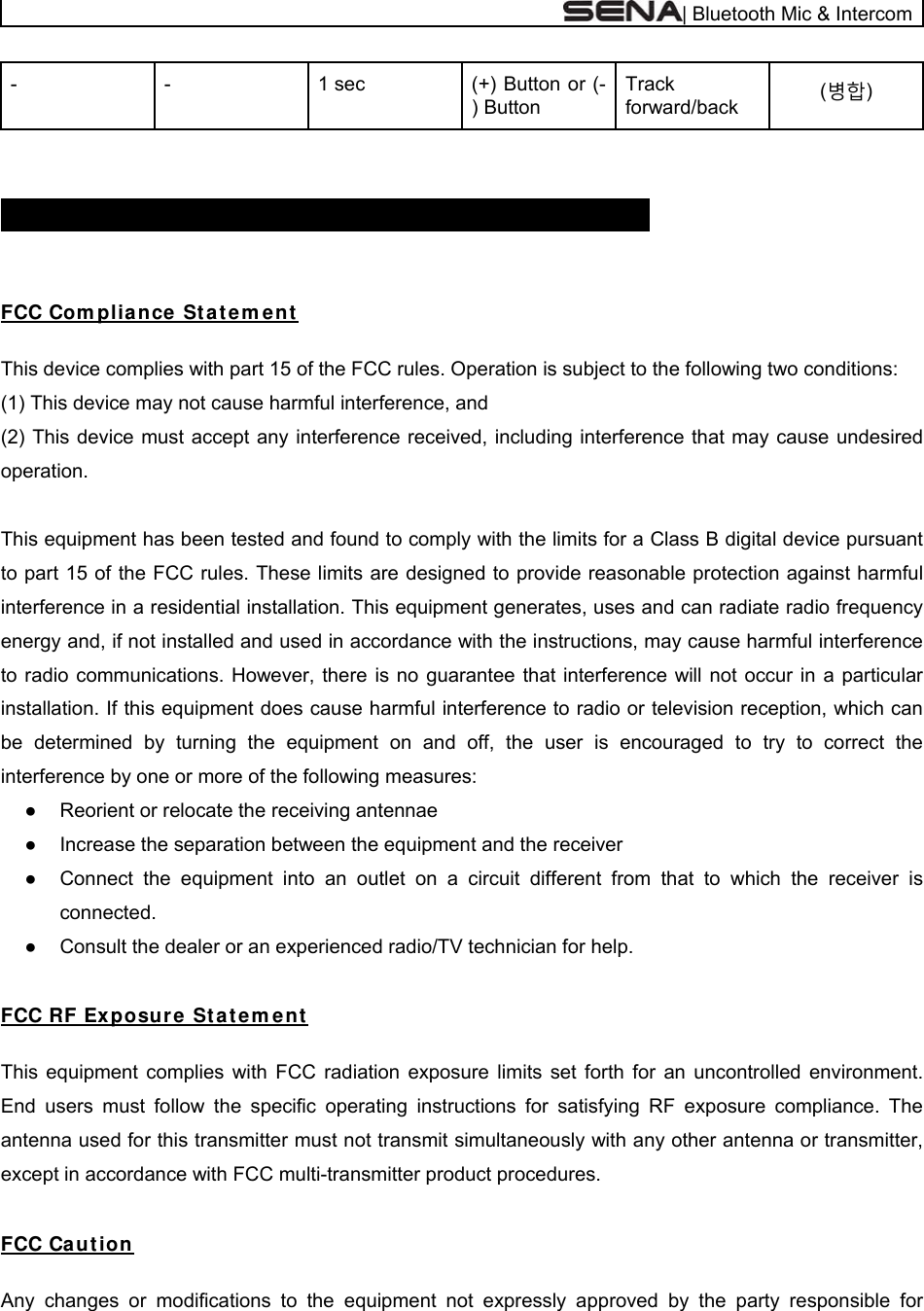  | Bluetooth Mic &amp; Intercom (병합) Track forward/back (+) Button or (-) Button 1 sec - -   CERTI FI CATI ON  AN D SAFETY APPROVALS   FCC Com plia n ce St a t em ent   This device complies with part 15 of the FCC rules. Operation is subject to the following two conditions:  (1) This device may not cause harmful interference, and  (2) This device must accept any interference received, including interference that may cause undesired operation.   This equipment has been tested and found to comply with the limits for a Class B digital device pursuant to part 15 of the FCC rules. These limits are designed to provide reasonable protection against harmful interference in a residential installation. This equipment generates, uses and can radiate radio frequency energy and, if not installed and used in accordance with the instructions, may cause harmful interference to radio communications. However, there is no guarantee that interference will not occur in a particular installation. If this equipment does cause harmful interference to radio or television reception, which can be determined by turning the equipment on and off, the user is encouraged to try to correct the interference by one or more of the following measures: ●  Reorient or relocate the receiving antennae ●  Increase the separation between the equipment and the receiver ●  Connect the equipment into an outlet on a circuit different from that to which the receiver is connected. ●  Consult the dealer or an experienced radio/TV technician for help.  FCC RF Ex posure  St at e m e nt   This equipment complies with FCC radiation exposure limits set forth for an uncontrolled environment. End users must follow the specific operating instructions for satisfying RF exposure compliance. The antenna used for this transmitter must not transmit simultaneously with any other antenna or transmitter, except in accordance with FCC multi-transmitter product procedures.  FCC Ca ut ion  Any changes or modifications to the equipment not expressly approved by the party responsible for 