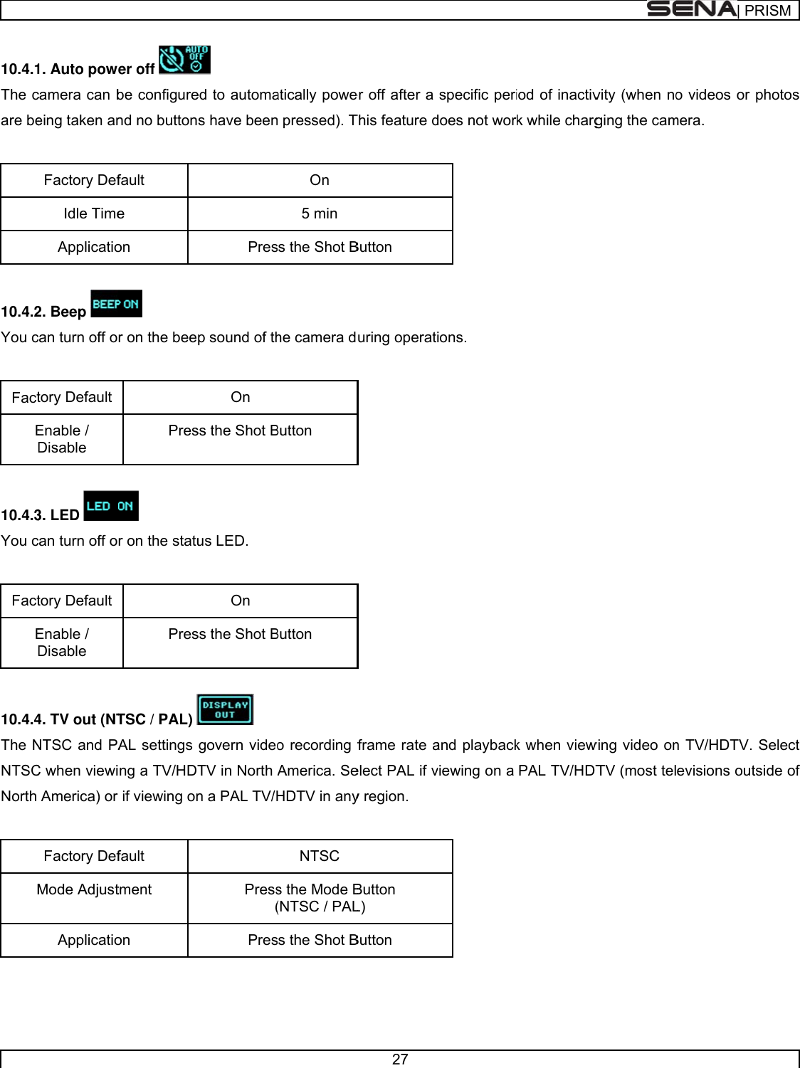      10.4.1The care be  10.4.2You c FactED 10.4.3You c FactED 10.4.4The NNTSCNorth  M  1. Auto powcamera can being taken anFactory DefIdle TimeApplicatio2. Beep can turn off otory Default Enable / Disable 3. LED can turn off otory Default Enable / Disable 4. TV out (NTNTSC and PAC when viewiAmerica) or Factory DefMode AdjustApplicatioer off be configurend no buttonfault e on  r on the beePres r on the statuPresTSC / PAL) AL settings ng a TV/HDTif viewing onfault tment on  ed to automas have beenPresp sound of thOn ss the Shot Bus LED. On ss the Shot B govern videoTV in North An a PAL TV/HPress(Presatically powe pressed). TOn 5 min s the Shot Bhe camera dButton Button o recording fAmerica. SeHDTV in anyNTSC s the Mode B(NTSC / PALs the Shot B27 er off after a This feature dButton uring operatframe rate aelect PAL if vy region. Button L) Button specific peridoes not worions. and playbackviewing on a iod of inactivk while chargk when viewPAL TV/HDTvity (when noging the camwing video onTV (most tel| PRo videos or mera. n TV/HDTV. evisions outRISMphotos Select side of 