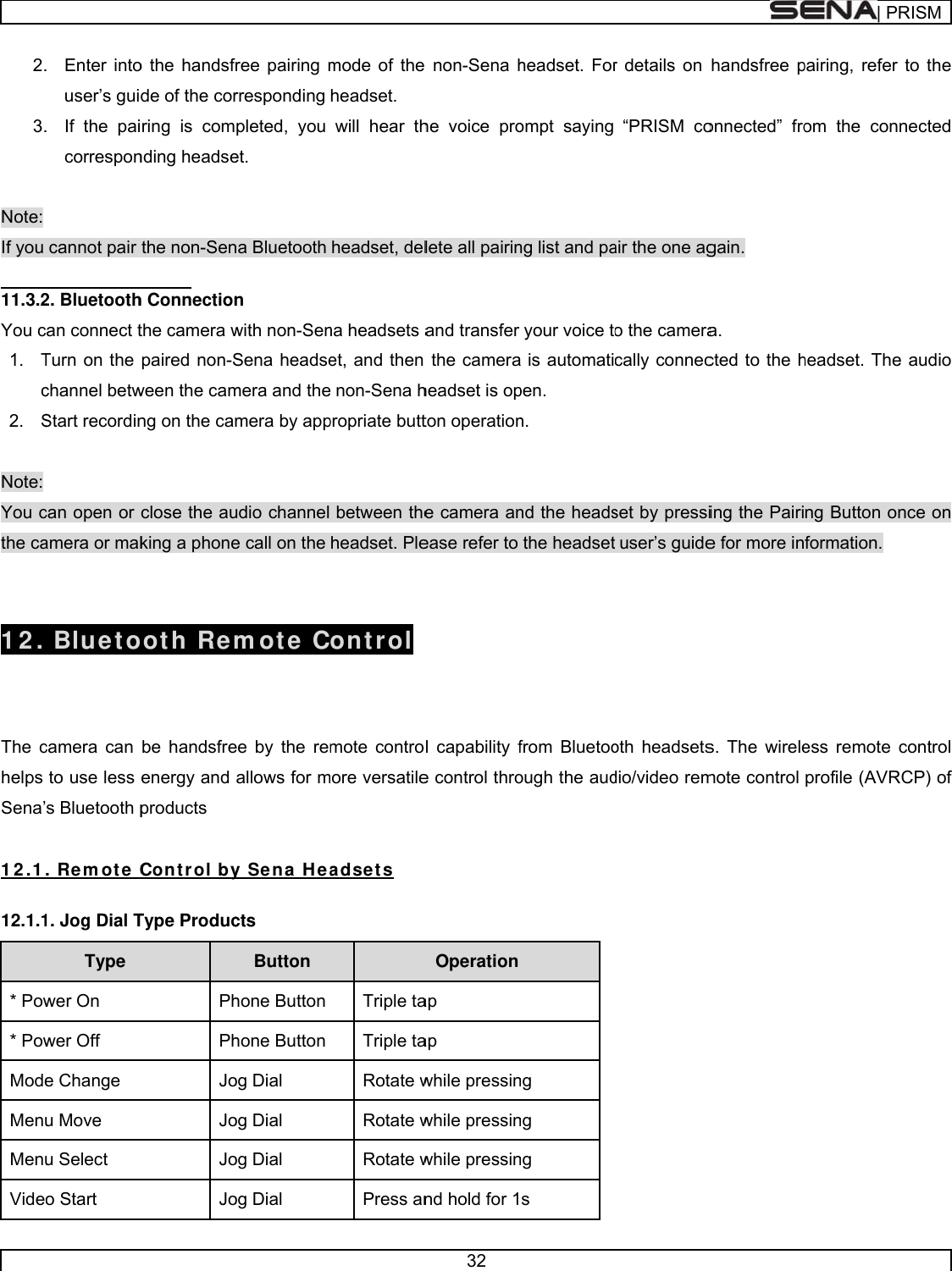     2.3. Note: If you   11.3.2You c1. Tc2. S Note: You cthe ca  12.    The chelps Sena’ 1 2 .1 12.1.1* Pow* PowModeMenuMenuVide. Enter intouser’s guid. If the paicorresponcannot pair   2. Bluetoothcan connect tTurn on the channel betwStart recordin   can open or amera or mak Bluetocamera can to use less s Bluetooth p. Rem ot e C1. Jog Dial TType wer On wer Off e Change u Move u Select o Start o the handsfde of the corring is comnding headsethe non-Sen h Connectionthe camera wpaired non-Sween the camng on the cam  close the auking a phoneoot h Rembe handsfreenergy and products Cont rol byType ProducPhPhJoJoJoJoree pairing mrresponding pleted, you et.  na Bluetooth n with non-SenSena headsemera and themera by app    udio channel e call on the mot e  Cee by the remallows for my Se na  Heacts Button hone Button hone Button og Dial og Dial og Dial og Dial mode of the headset. will hear thheadset, delna headsets aet, and then  non-Sena hpropriate butt between theheadset. Pleon t rol mote controore versatileadsets  Triple taTriple taRotate wRotate wRotate wPress an32  non-Sena hhe voice prolete all pairinand transfer the cameraheadset is opton operatione camera anease refer to l capability fe control throOperationap ap while pressinwhile pressinwhile pressinnd hold for 1headset. Forompt saying ng list and payour voice toa is automatipen.  n.  nd the headsthe headsetfrom Bluetooough the audng ng ng s r details on “PRISM coair the one ago the cameracally connecset by pressiuser’s guideoth headsetsdio/video remhandsfree ponnected” frogain. a.  cted to the hing the Pairie for more ins. The wirelemote control | PRpairing, refer om the conheadset. Theng Button onformation. ess remote cprofile (AVRRISMto the nected e audio nce on control RCP) of 