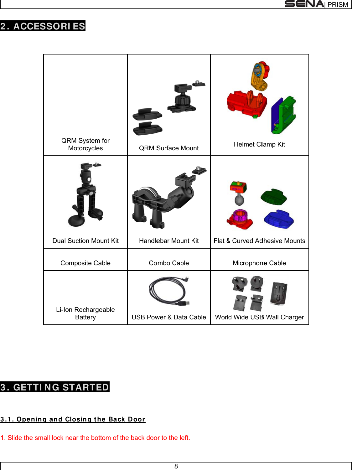      2 . A       3 . G  3 .1 .  1. Slid ACCESSGETTI NOpe ning ade the small SORI ES QRM SysMotorc Dual Suction Composit Li-Ion RechBatteG STARand Closinlock near the stem for cycles  n Mount Kit te Cable hargeable ery RTED  g t he Ba cke bottom of tQRM SHandleCoUSB Powk Door he back doo8  Surface Mou ebar Mount K ombo Cable wer &amp; Data Cor to the left.unt Kit Flat &amp;Cable WorHelmet Cl&amp; Curved Ad Microphonld Wide USBlamp Kit dhesive Mounne Cable  B Wall Charg| PR  ntsgerRISM