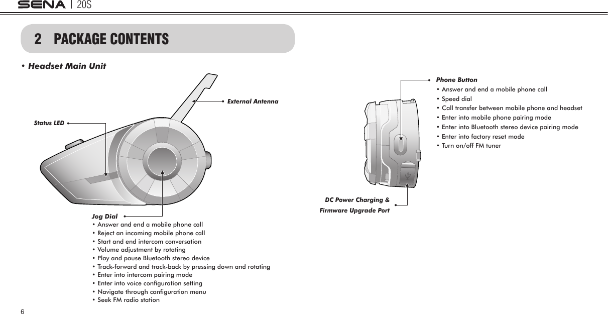 20S62  PACKAGE CONTENTS• Headset Main UnitStatus LEDExternal AntennaJog Dial• Answer and end a mobile phone call• Reject an incoming mobile phone call• Start and end intercom conversation• Volume adjustment by rotating• Play and pause Bluetooth stereo device•  Track-forward and track-back by pressing down and rotating• Enter into intercom pairing mode• Enter into voice configuration setting• Navigate through configuration menu• Seek FM radio stationPhone Button• Answer and end a mobile phone call • Speed dial• Call transfer between mobile phone and headset• Enter into mobile phone pairing mode • Enter into Bluetooth stereo device pairing mode • Enter into factory reset mode• Turn on/off FM tunerDC Power Charging &amp; Firmware Upgrade Port