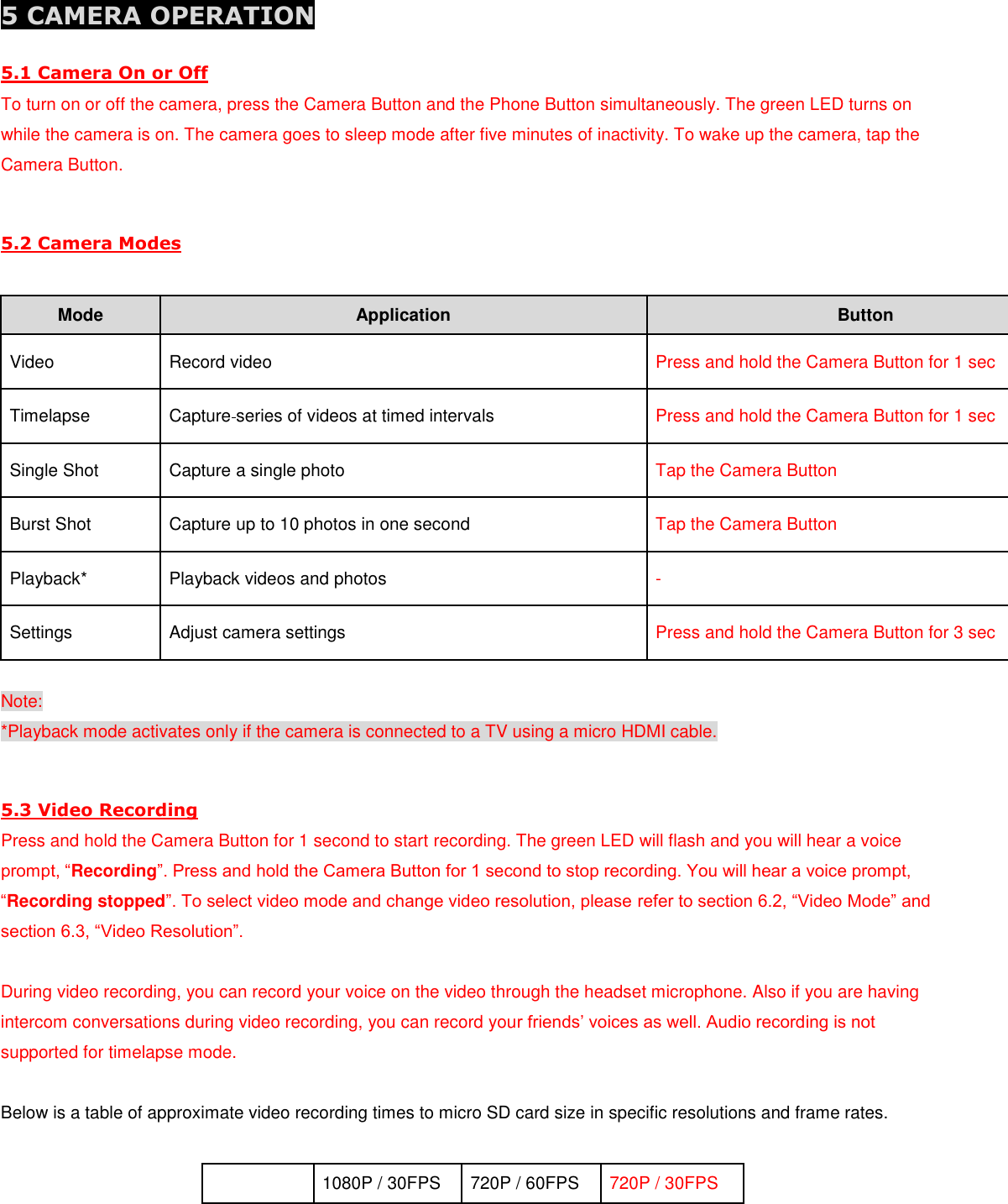  5 CAMERA OPERATION 5.1 Camera On or Off To turn on or off the camera, press the Camera Button and the Phone Button simultaneously. The green LED turns on while the camera is on. The camera goes to sleep mode after five minutes of inactivity. To wake up the camera, tap the Camera Button.  5.2 Camera Modes  Mode Application Button Video Record video Press and hold the Camera Button for 1 sec Timelapse Capture series of videos at timed intervals  Press and hold the Camera Button for 1 sec Single Shot Capture a single photo Tap the Camera Button Burst Shot Capture up to 10 photos in one second Tap the Camera Button Playback* Playback videos and photos - Settings Adjust camera settings Press and hold the Camera Button for 3 sec  Note: *Playback mode activates only if the camera is connected to a TV using a micro HDMI cable.  5.3 Video Recording Press and hold the Camera Button for 1 second to start recording. The green LED will flash and you will hear a voice prompt, “Recording”. Press and hold the Camera Button for 1 second to stop recording. You will hear a voice prompt, “Recording stopped”. To select video mode and change video resolution, please refer to section 6.2, “Video Mode” and section 6.3, “Video Resolution”.  During video recording, you can record your voice on the video through the headset microphone. Also if you are having intercom conversations during video recording, you can record your friends’ voices as well. Audio recording is not supported for timelapse mode.  Below is a table of approximate video recording times to micro SD card size in specific resolutions and frame rates.   1080P / 30FPS 720P / 60FPS 720P / 30FPS 
