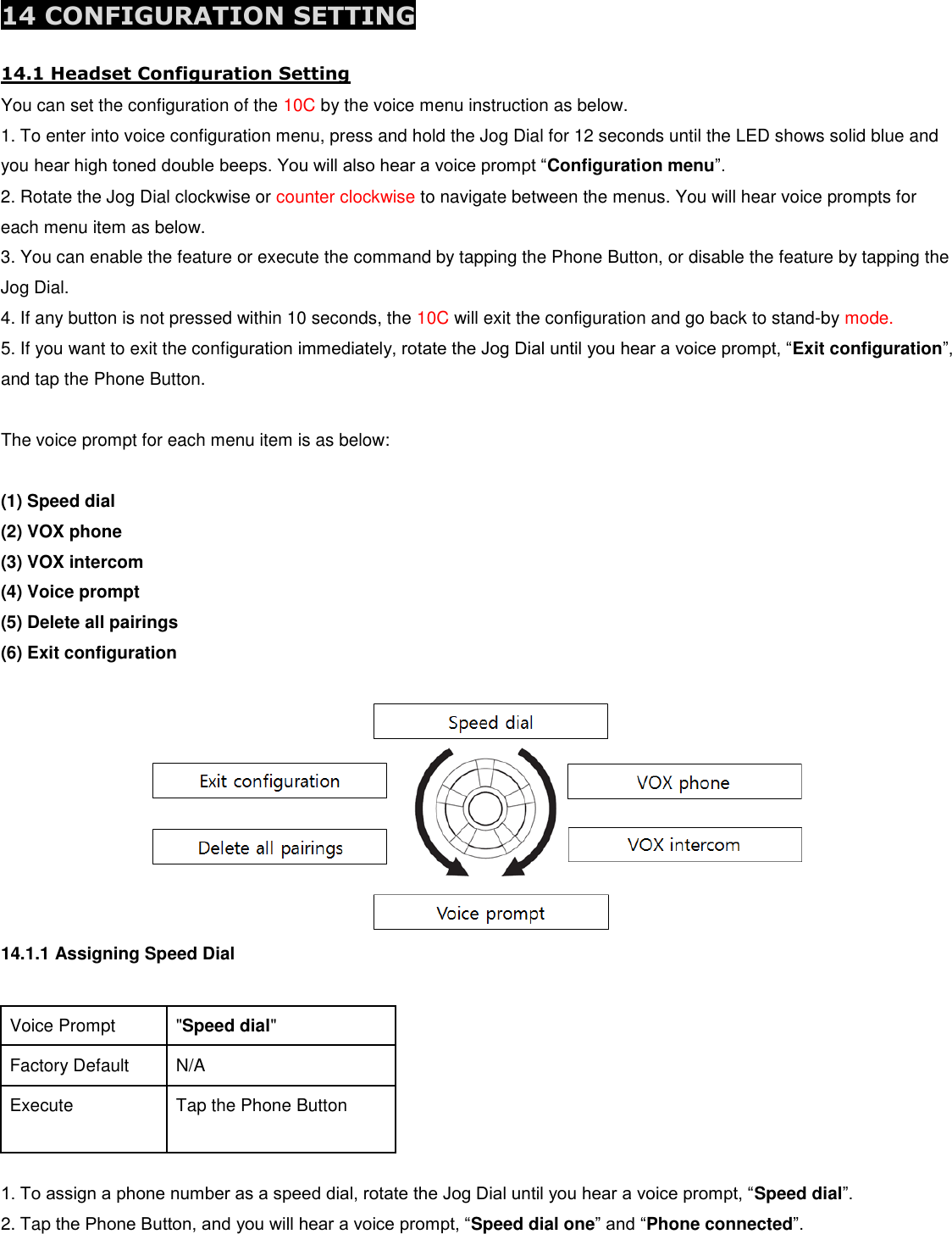  14 CONFIGURATION SETTING 14.1 Headset Configuration Setting You can set the configuration of the 10C by the voice menu instruction as below. 1. To enter into voice configuration menu, press and hold the Jog Dial for 12 seconds until the LED shows solid blue and you hear high toned double beeps. You will also hear a voice prompt “Configuration menu”. 2. Rotate the Jog Dial clockwise or counter clockwise to navigate between the menus. You will hear voice prompts for each menu item as below. 3. You can enable the feature or execute the command by tapping the Phone Button, or disable the feature by tapping the Jog Dial. 4. If any button is not pressed within 10 seconds, the 10C will exit the configuration and go back to stand-by mode. 5. If you want to exit the configuration immediately, rotate the Jog Dial until you hear a voice prompt, “Exit configuration”, and tap the Phone Button.  The voice prompt for each menu item is as below:  (1) Speed dial (2) VOX phone (3) VOX intercom (4) Voice prompt (5) Delete all pairings (6) Exit configuration   14.1.1 Assigning Speed Dial  Voice Prompt &quot;Speed dial&quot; Factory Default N/A Execute Tap the Phone Button  1. To assign a phone number as a speed dial, rotate the Jog Dial until you hear a voice prompt, “Speed dial”. 2. Tap the Phone Button, and you will hear a voice prompt, “Speed dial one” and “Phone connected”. 