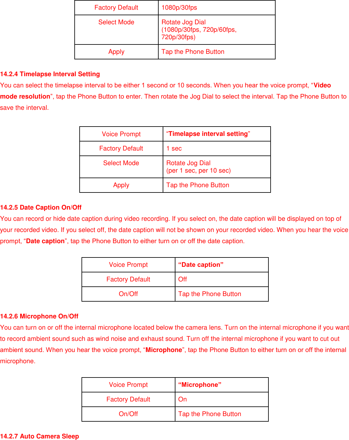 Factory Default 1080p/30fps Select Mode Rotate Jog Dial (1080p/30fps, 720p/60fps, 720p/30fps) Apply Tap the Phone Button  14.2.4 Timelapse Interval Setting You can select the timelapse interval to be either 1 second or 10 seconds. When you hear the voice prompt, “Video mode resolution”, tap the Phone Button to enter. Then rotate the Jog Dial to select the interval. Tap the Phone Button to save the interval.  Voice Prompt “Timelapse interval setting” Factory Default 1 sec Select Mode Rotate Jog Dial (per 1 sec, per 10 sec) Apply Tap the Phone Button  14.2.5 Date Caption On/Off You can record or hide date caption during video recording. If you select on, the date caption will be displayed on top of your recorded video. If you select off, the date caption will not be shown on your recorded video. When you hear the voice prompt, “Date caption”, tap the Phone Button to either turn on or off the date caption.  Voice Prompt “Date caption” Factory Default Off On/Off Tap the Phone Button  14.2.6 Microphone On/Off You can turn on or off the internal microphone located below the camera lens. Turn on the internal microphone if you want to record ambient sound such as wind noise and exhaust sound. Turn off the internal microphone if you want to cut out ambient sound. When you hear the voice prompt, “Microphone”, tap the Phone Button to either turn on or off the internal microphone.  Voice Prompt “Microphone” Factory Default On On/Off Tap the Phone Button  14.2.7 Auto Camera Sleep 