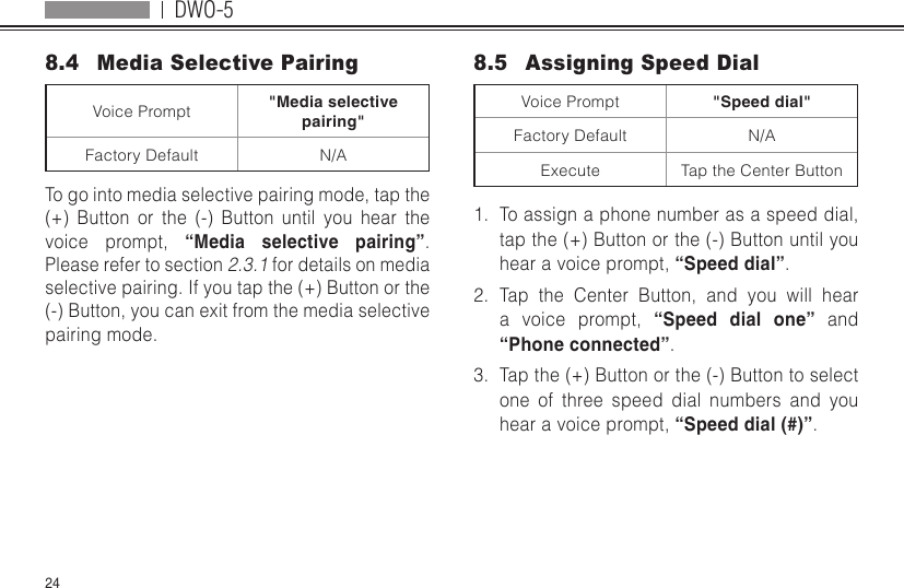 DWO-5248.4  Media Selective PairingVoice Prompt &quot;Media selective pairing&quot;Factory Default N/ATo go into media selective pairing mode, tap the (+) Button or the (-) Button until you hear the voice prompt, “Media selective pairing”. Please refer to section 2.3.1 for details on media selective pairing. If you tap the (+) Button or the (-) Button, you can exit from the media selective pairing mode.8.5  Assigning Speed DialVoice Prompt &quot;Speed dial&quot;Factory Default N/AExecute Tap the Center Button1.  To assign a phone number as a speed dial, tap the (+) Button or the (-) Button until you hear a voice prompt, “Speed dial”.2.  Tap the Center Button, and you will hear a voice prompt, “Speed dial one” and “Phone connected”.3.  Tap the (+) Button or the (-) Button to select one of three speed dial numbers and you hear a voice prompt, “Speed dial (#)”.