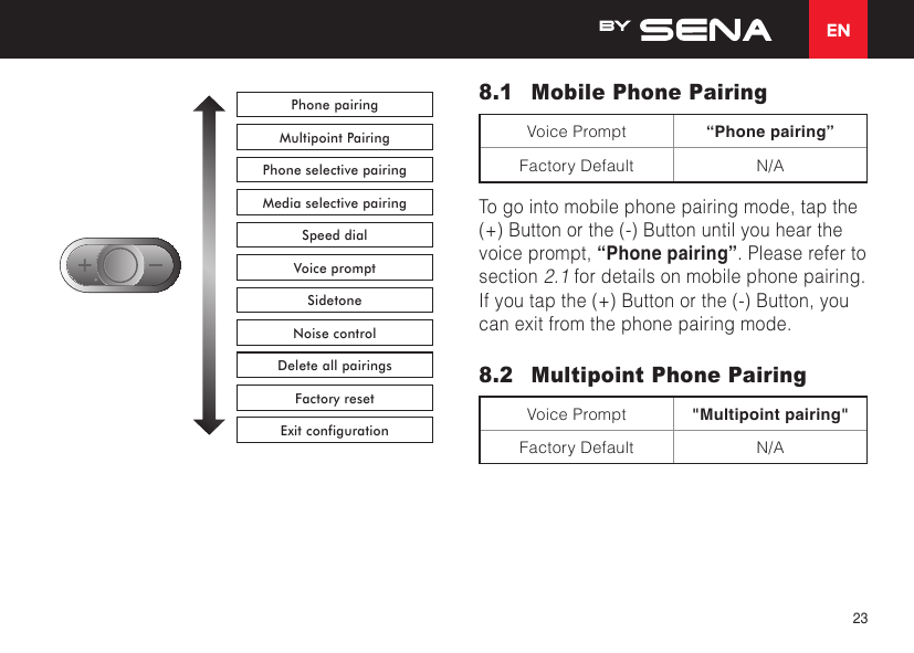 EN23Phone pairingMultipoint PairingPhone selective pairingMedia selective pairingSpeed dialVoice promptSidetoneNoise controlDelete all pairingsFactory resetExit configuration8.1  Mobile Phone PairingVoice Prompt “Phone pairing”Factory Default N/ATo go into mobile phone pairing mode, tap the (+) Button or the (-) Button until you hear the voice prompt, “Phone pairing”. Please refer to section 2.1 for details on mobile phone pairing. If you tap the (+) Button or the (-) Button, you can exit from the phone pairing mode.8.2  Multipoint Phone PairingVoice Prompt &quot;Multipoint pairing&quot;Factory Default N/A