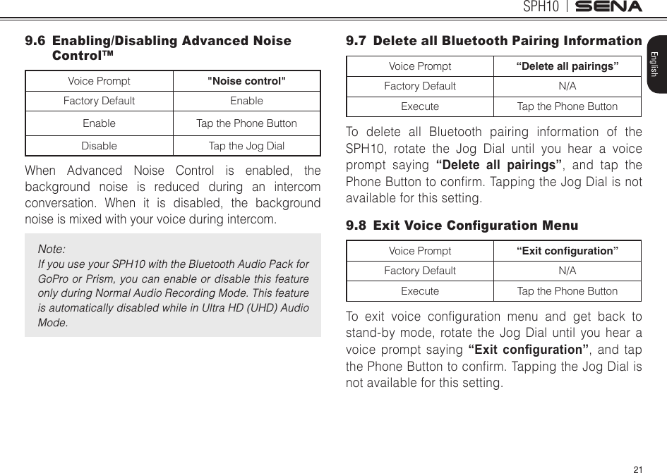 21SPH10English9.6  Enabling/Disabling Advanced Noise Control™Voice Prompt &quot;Noise control&quot;Factory Default EnableEnable Tap the Phone ButtonDisable Tap the Jog DialWhen Advanced Noise Control is enabled, the background noise is reduced during an intercom conversation. When it is disabled, the background noise is mixed with your voice during intercom.Note:If you use your SPH10 with the Bluetooth Audio Pack for GoPro or Prism, you can enable or disable this feature only during Normal Audio Recording Mode. This feature is automatically disabled while in Ultra HD (UHD) Audio Mode.9.7  Delete all Bluetooth Pairing Information Voice Prompt “Delete all pairings”Factory Default N/AExecute Tap the Phone ButtonTo delete all Bluetooth pairing information of the SPH10, rotate the Jog Dial until you hear a voice prompt saying “Delete all pairings”, and tap the PhoneButtontoconrm.Tapping the Jog Dial is not available for this setting.9.8 ExitVoiceCongurationMenuVoice Prompt “Exit conguration”Factory Default N/AExecute Tap the Phone ButtonTo exit voice conguration menu and get back tostand-by mode, rotate the Jog Dial until you hear a voice prompt saying  “Exit  conguration”, and tap thePhoneButtontoconrm.TappingtheJogDialisnot available for this setting.