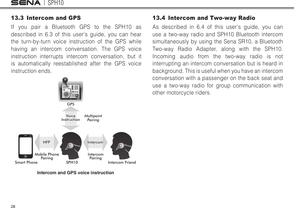 SPH102813.4  Intercom and Two-way RadioAs described in 6.4 of this user&apos;s guide, you can use a two-way radio and SPH10 Bluetooth intercom simultaneously by using the Sena SR10, a Bluetooth Two-way Radio Adapter, along with the SPH10. Incoming audio from the two-way radio is not interrupting an intercom conversation but is heard in background. This is useful when you have an intercom conversation with a passenger on the back seat and use a two-way radio for group communication with other motorcycle riders. 13.3  Intercom and GPS If you pair a Bluetooth GPS to the SPH10 as described in 6.3 of this user&apos;s guide, you can hear the turn-by-turn voice instruction of the GPS while having an intercom conversation. The GPS voice instruction interrupts intercom conversation, but it is automatically reestablished after the GPS voice instruction ends.Smart Phone SPH10GPSIntercom FriendVoiceInstruction Multipoint PairingIntercomPairingMobile Phone PairingIntercomHFP Intercom and GPS voice instruction