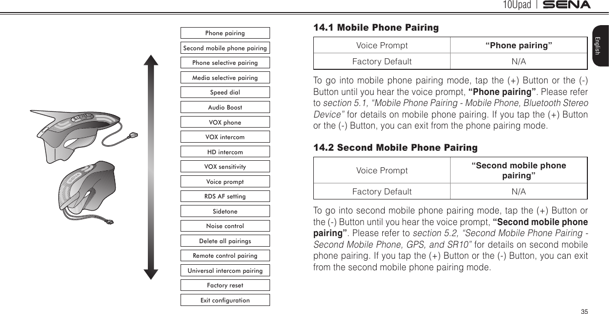 10Upad35EnglishPhone pairingSecond mobile phone pairingPhone selective pairingMedia selective pairingSpeed dialAudio BoostVOX phoneVOX intercomHD intercomVOX sensitivityVoice promptRDS AF settingSidetoneNoise controlDelete all pairingsRemote control pairingUniversal intercom pairingFactory resetExit configuration14.1 Mobile Phone PairingVoice Prompt “Phone pairing”Factory Default N/ATo go into mobile phone pairing mode, tap the (+) Button or the (-) Button until you hear the voice prompt, “Phone pairing”. Please refer to section 5.1, “Mobile Phone Pairing - Mobile Phone, Bluetooth Stereo Device” for details on mobile phone pairing. If you tap the (+) Button or the (-) Button, you can exit from the phone pairing mode.14.2 Second Mobile Phone PairingVoice Prompt “Second mobile phone pairing”Factory Default N/ATo go into second mobile phone pairing mode, tap the (+) Button or the (-) Button until you hear the voice prompt, “Second mobile phone pairing”. Please refer to section 5.2, “Second Mobile Phone Pairing - Second Mobile Phone, GPS, and SR10” for details on second mobile phone pairing. If you tap the (+) Button or the (-) Button, you can exit from the second mobile phone pairing mode.