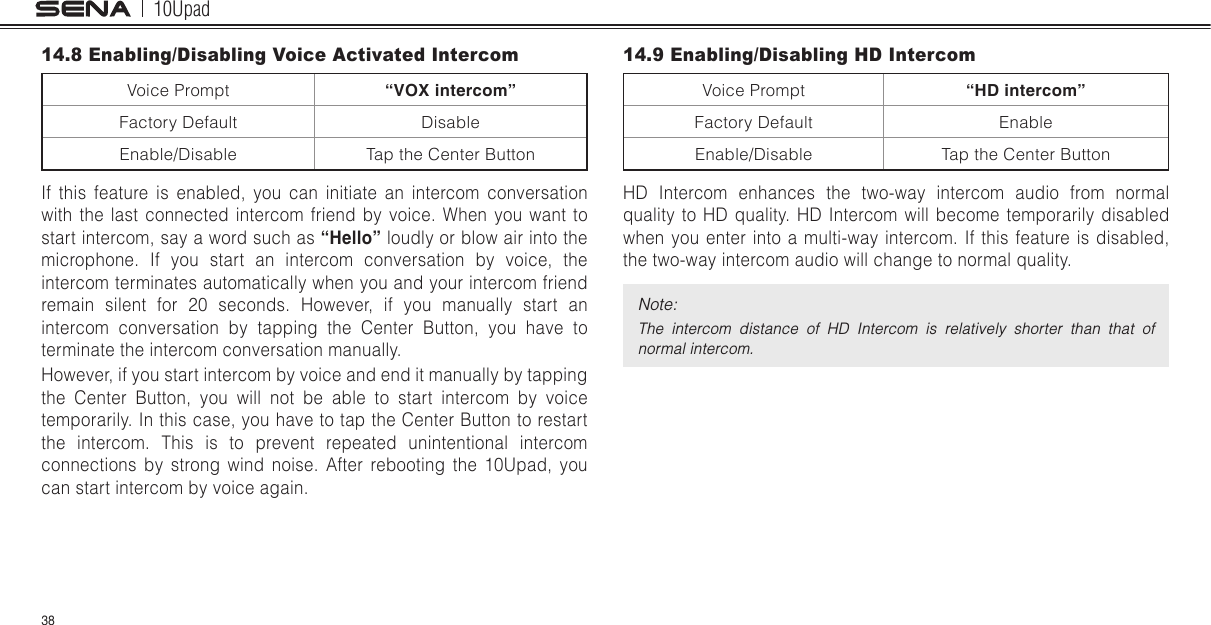 10Upad3814.8 Enabling/Disabling Voice Activated IntercomVoice Prompt “VOX intercom”Factory Default DisableEnable/Disable Tap the Center ButtonIf this feature is enabled, you can initiate an intercom conversation with the last connected intercom friend by voice. When you want to start intercom, say a word such as “Hello” loudly or blow air into the microphone. If you start an intercom conversation by voice, the intercom terminates automatically when you and your intercom friend remain silent for 20 seconds. However, if you manually start an intercom conversation by tapping the Center Button, you have to terminate the intercom conversation manually.However, if you start intercom by voice and end it manually by tapping the Center Button, you will not be able to start intercom by voice temporarily. In this case, you have to tap the Center Button to restart the intercom. This is to prevent repeated unintentional intercom connections by strong wind noise. After rebooting the 10Upad, you can start intercom by voice again.14.9 Enabling/Disabling HD IntercomVoice Prompt “HD intercom”Factory Default EnableEnable/Disable Tap the Center ButtonHD Intercom enhances the two-way intercom audio from normal quality to HD quality. HD Intercom will become temporarily disabled when you enter into a multi-way intercom. If this feature is disabled, the two-way intercom audio will change to normal quality.Note:The  intercom  distance  of  HD  Intercom  is  relatively  shorter  than  that  of normal intercom.