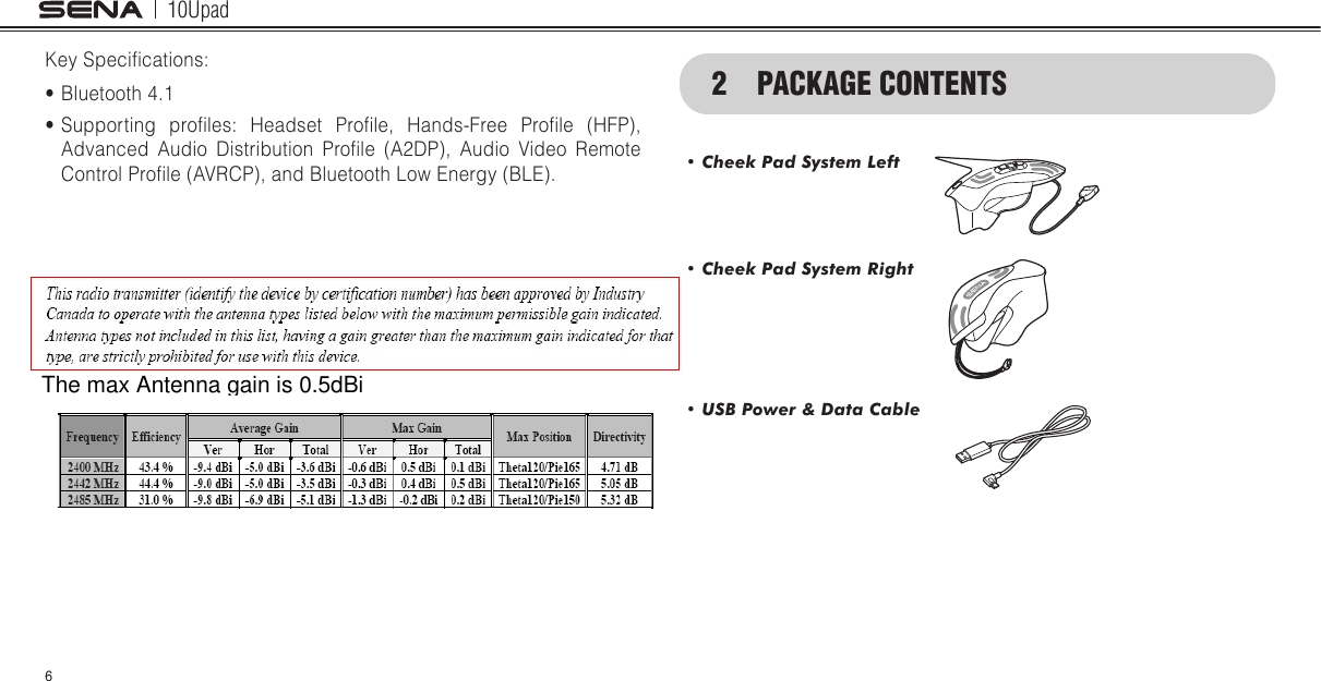 10Upad6Key Specications:• Bluetooth 4.1• Supporting  proles:  Headset  Prole,  Hands-Free  Prole  (HFP), Advanced  Audio  Distribution  Prole  (A2DP),  Audio  Video  Remote Control Prole (AVRCP), and Bluetooth Low Energy (BLE).2  PACKAGE CONTENTS•CheekPadSystemLeft •CheekPadSystemRight •USBPower&amp;DataCable The max Antenna gain is 0.5dBi
