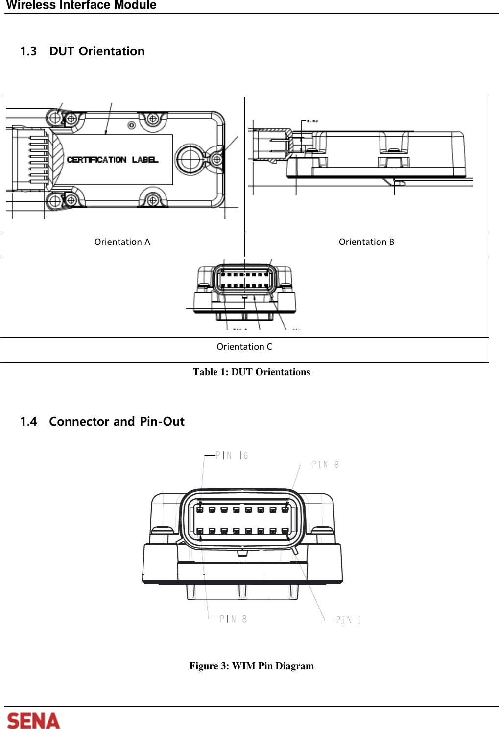   Wireless Interface Module     1.3 DUT Orientation    Orientation A Orientation B  Orientation C Table 1: DUT Orientations  1.4 Connector and Pin-Out   Figure 3: WIM Pin Diagram 