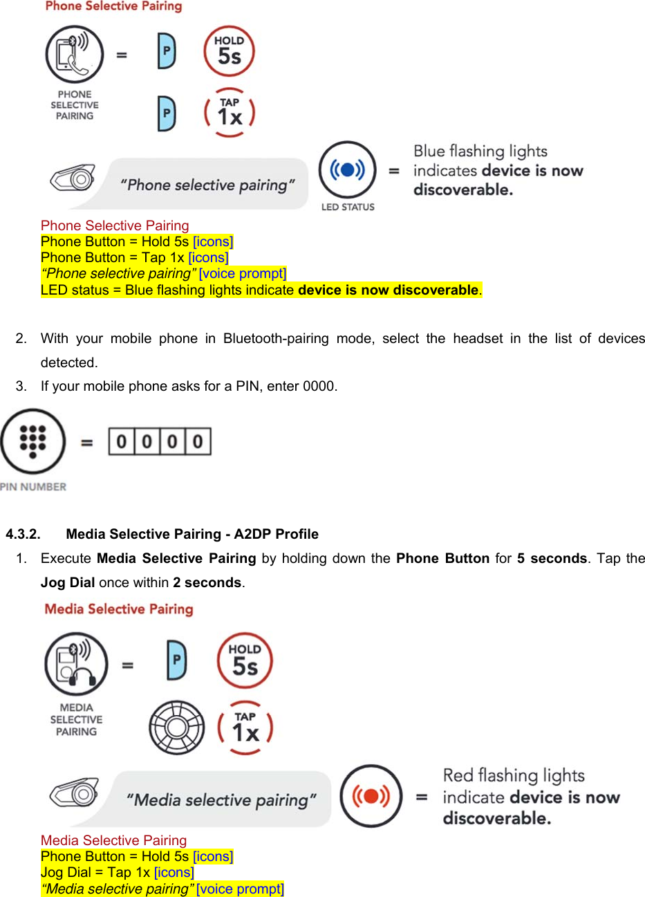  Phone Selective Pairing Phone Button = Hold 5s [icons] Phone Button = Tap 1x [icons] “Phone selective pairing” [voice prompt] LED status = Blue flashing lights indicate device is now discoverable.  2.  With  your  mobile  phone  in  Bluetooth-pairing  mode,  select  the  headset  in  the  list  of  devices detected. 3.  If your mobile phone asks for a PIN, enter 0000.   4.3.2.  Media Selective Pairing - A2DP Profile 1.  Execute  Media  Selective  Pairing  by holding down the Phone  Button for 5  seconds. Tap the Jog Dial once within 2 seconds.  Media Selective Pairing Phone Button = Hold 5s [icons] Jog Dial = Tap 1x [icons] “Media selective pairing” [voice prompt] 