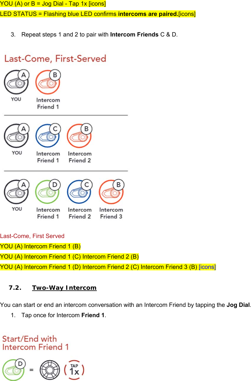 YOU (A) or B = Jog Dial - Tap 1x [icons] LED STATUS = Flashing blue LED confirms intercoms are paired.[icons]  3.  Repeat steps 1 and 2 to pair with Intercom Friends C &amp; D.   Last-Come, First Served YOU (A) Intercom Friend 1 (B) YOU (A) Intercom Friend 1 (C) Intercom Friend 2 (B) YOU (A) Intercom Friend 1 (D) Intercom Friend 2 (C) Intercom Friend 3 (B) [icons]  7.2. Two-Way Intercom  You can start or end an intercom conversation with an Intercom Friend by tapping the Jog Dial. 1.  Tap once for Intercom Friend 1.   