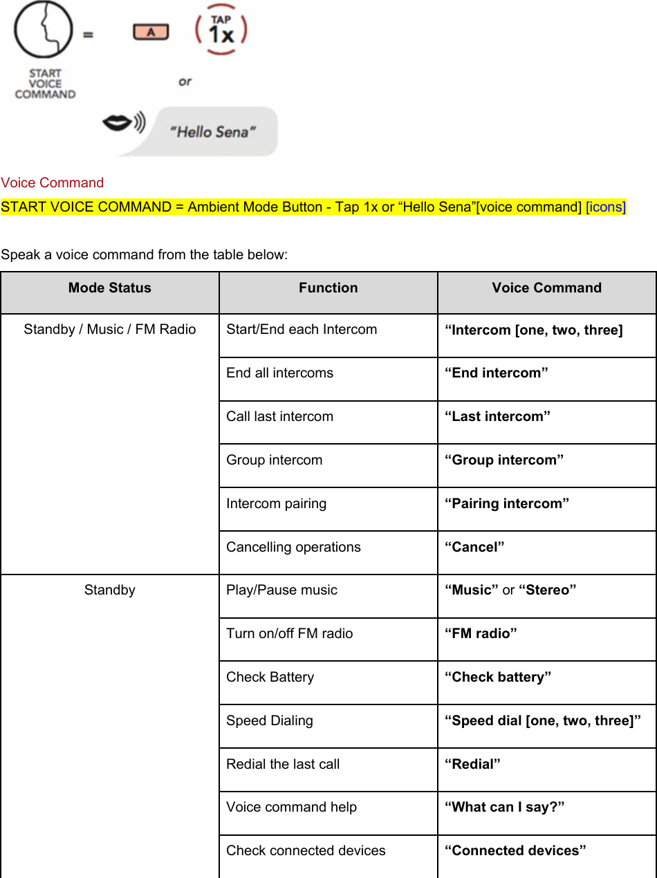  Voice Command START VOICE COMMAND = Ambient Mode Button - Tap 1x or “Hello Sena”[voice command] [icons]  Speak a voice command from the table below: Mode Status  Function  Voice Command Standby / Music / FM Radio  Start/End each Intercom  “Intercom [one, two, three] End all intercoms  “End intercom” Call last intercom  “Last intercom” Group intercom  “Group intercom” Intercom pairing  “Pairing intercom” Cancelling operations  “Cancel” Standby  Play/Pause music  “Music” or “Stereo” Turn on/off FM radio  “FM radio” Check Battery  “Check battery” Speed Dialing  “Speed dial [one, two, three]” Redial the last call  “Redial” Voice command help  “What can I say?” Check connected devices  “Connected devices” 