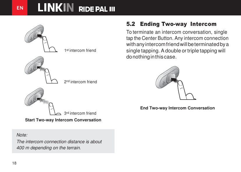 EN 18          1st intercom friend 5.2 Ending Two-way  Intercom To terminate an intercom conversation, single tap the Center Button. Any intercom connection with any intercom friend will be terminated by a single tapping. A double or triple tapping will do nothing in this case.   2nd intercom friend    End Two-way Intercom Conversation 3rd intercom friend Start Two-way Intercom Conversation  Note: The intercom connection distance is about 400 m depending on the terrain. 