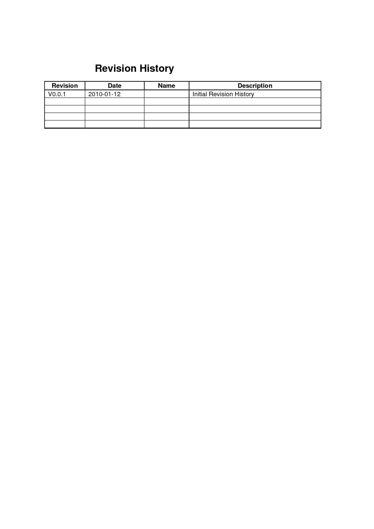   Revision History  Revision Date  Name  Description V0.0.1  2010-01-12    Initial Revision History                      