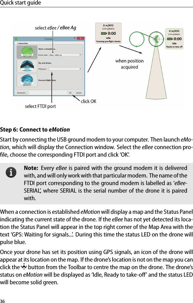 Quick start guide / eBee AgStep 6: Connect to eMotionStart by connecting the USB ground modem to your computer. Then launch eMo-tion, which will display the Connection window. Select the eBee connection pro-ﬁle, choose the corresponding FTDI port and click &lsquo;OK&rsquo;.Note: Every eBee is paired with the ground modem it is deliveredwith, and will only work with that particular modem. The name of theFTDI port corresponding to the ground modem is labelled as &lsquo;eBee-SERIAL&rsquo;, where SERIAL is the serial number of the drone it is pairedwith.When a connection is established eMotion will display a map and the Status Panelindicating the current state of the drone. If the eBee has not yet detected its loca-tion the Status Panel will appear in the top right corner of the Map Area with thetext &lsquo;GPS: Waiting for signals...&rsquo;. During this time the status LED on the drone willpulse blue.Once your drone has set its position using GPS signals, an icon of the drone willappear at its location on the map. If the drone&rsquo;s location is not on the map you canclick the button from the Toolbar to centre the map on the drone. The drone&rsquo;sstatus on eMotion will be displayed as &lsquo;Idle, Ready to take-oﬀ&rsquo; and the status LEDwill become solid green.36