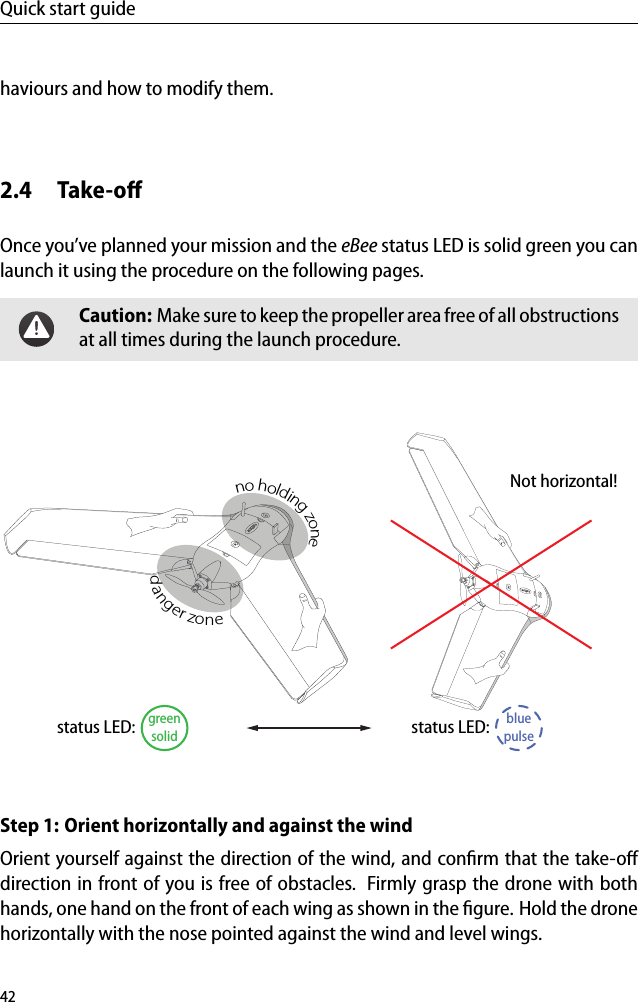 Quick start guidehaviours and how to modify them.2.4 Take-oﬀOnce you&rsquo;ve planned your mission and the eBee status LED is solid green you canlaunch it using the procedure on the following pages.Caution: Make sure to keep the propeller area free of all obstructionsat all times during the launch procedure.no holding zonedanger zonegreensolidstatus LED: bluepulsestatus LED:Not horizontal!Step 1: Orient horizontally and against the windOrient yourself against the direction of the wind, and conﬁrm that the take-oﬀdirection in front of you is free of obstacles. Firmly grasp the drone with bothhands, one hand on the front of each wing as shown in the ﬁgure. Hold the dronehorizontally with the nose pointed against the wind and level wings.42