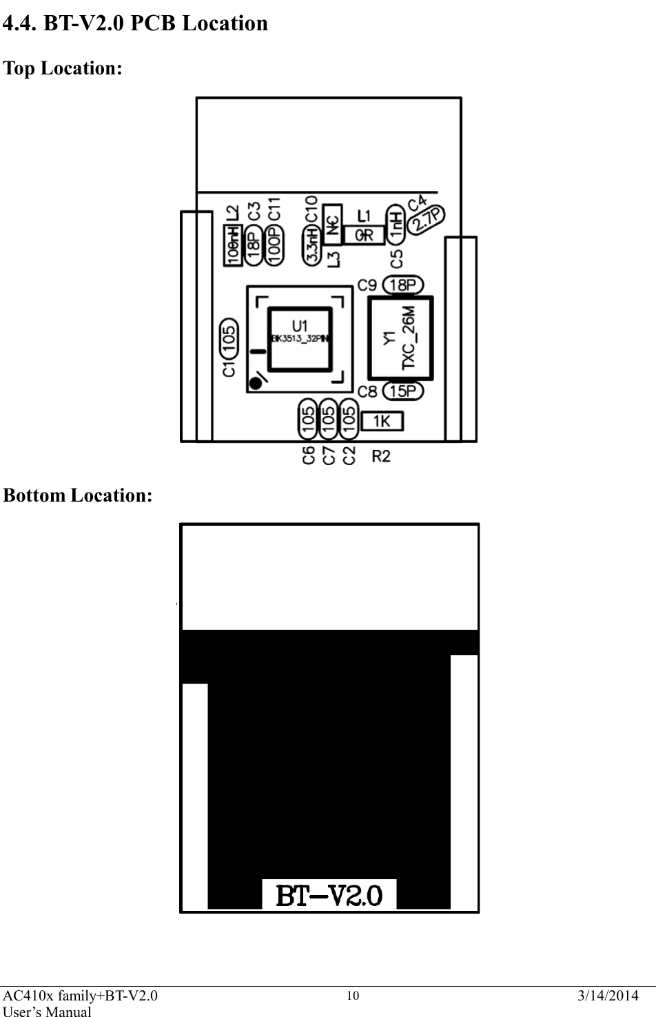  AC410x family+BT-V2.0 User’s Manual 3/14/2014 10                       4.4. BT-V2.0 PCB Location  Top Location:                            Bottom Location: 