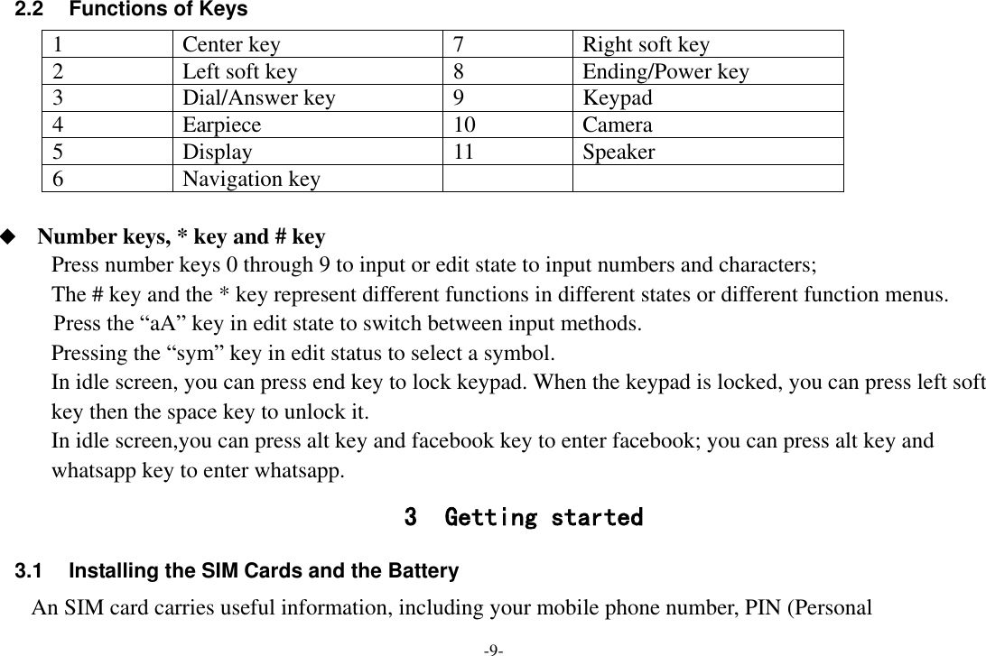 -9- 2.2 Functions of Keys 1 Center key 7 Right soft key 2 Left soft key 8 Ending/Power key 3 Dial/Answer key 9 Keypad 4 Earpiece 10 Camera 5 Display 11 Speaker 6 Navigation key     Number keys, * key and # key Press number keys 0 through 9 to input or edit state to input numbers and characters;   The # key and the * key represent different functions in different states or different function menus.  Press the “aA” key in edit state to switch between input methods. Pressing the “sym” key in edit status to select a symbol.   In idle screen, you can press end key to lock keypad. When the keypad is locked, you can press left soft key then the space key to unlock it. In idle screen,you can press alt key and facebook key to enter facebook; you can press alt key and whatsapp key to enter whatsapp. 3 Getting started 3.1  Installing the SIM Cards and the Battery An SIM card carries useful information, including your mobile phone number, PIN (Personal 