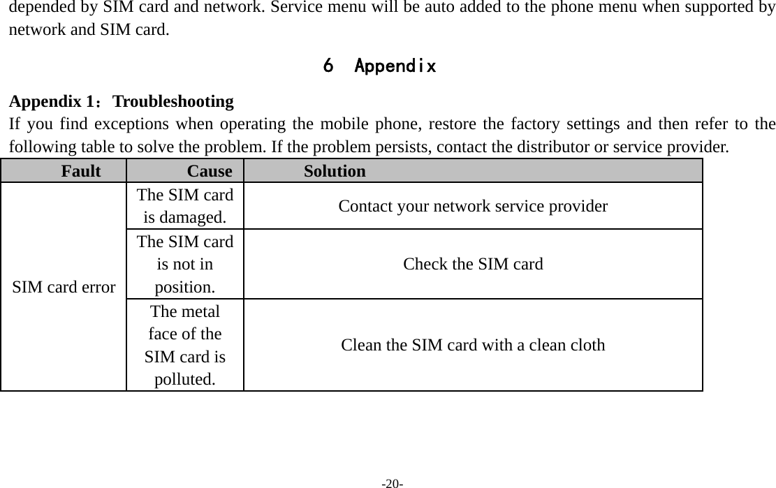  -20- depended by SIM card and network. Service menu will be auto added to the phone menu when supported by network and SIM card. 6 Appendix Appendix 1：Troubleshooting If you find exceptions when operating the mobile phone, restore the factory settings and then refer to the following table to solve the problem. If the problem persists, contact the distributor or service provider. Fault  Cause  Solution SIM card error The SIM card is damaged.  Contact your network service provider The SIM card is not in position. Check the SIM card The metal face of the SIM card is polluted. Clean the SIM card with a clean cloth 