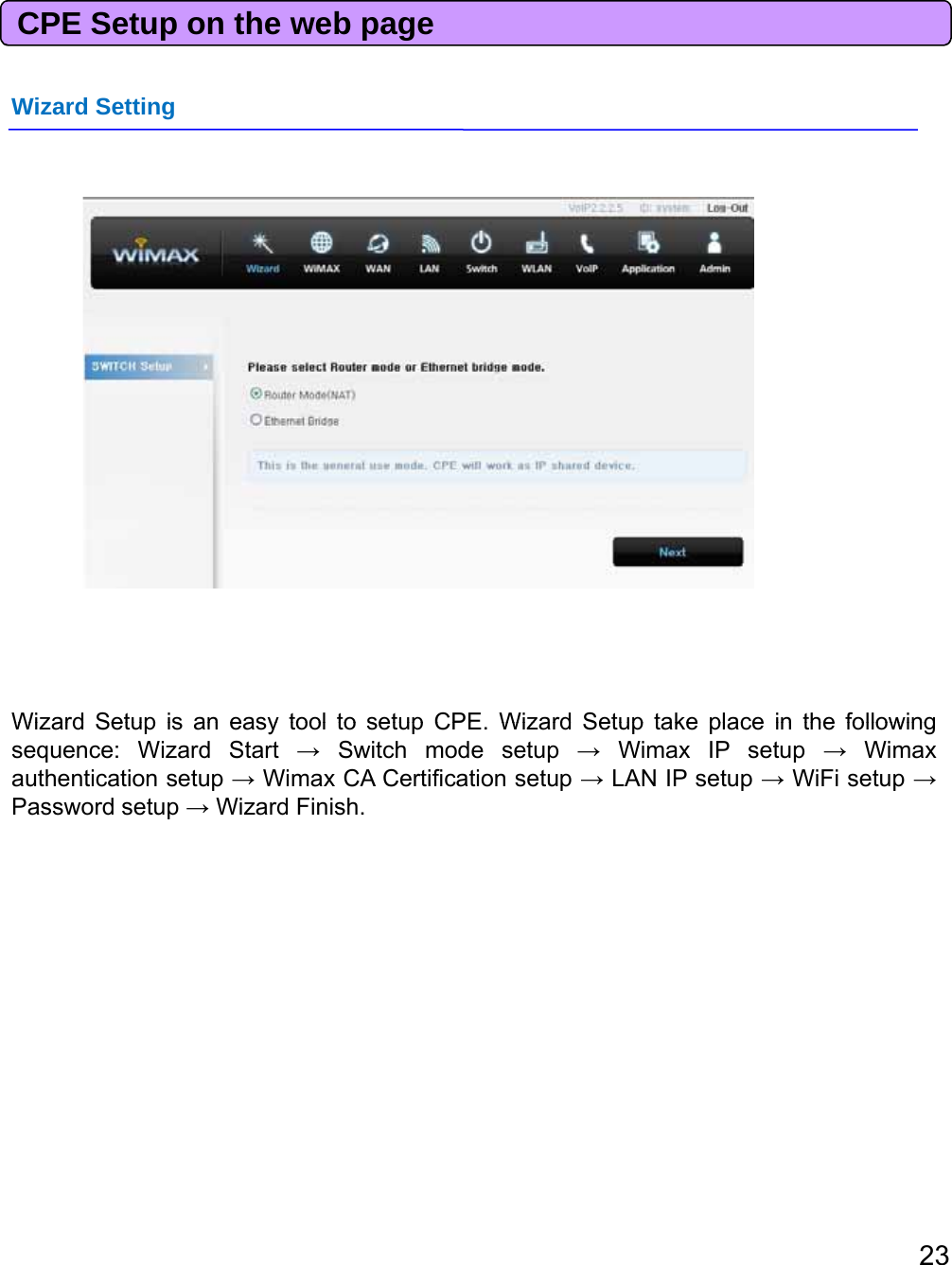 CPE Setup on the web pageWizard SettingWizard SettingWizardSetupisaneasytooltosetupCPEWizardSetuptakeplaceinthefollowingWizardSetupisaneasytooltosetupCPE.WizardSetuptakeplaceinthefollowingsequence: Wizard Start →Switch mode setup →Wimax IP setup →Wimaxauthentication setup →Wimax CA Certification setup →LAN IP setup →WiFi setup →Password setup →Wizard Finish.23