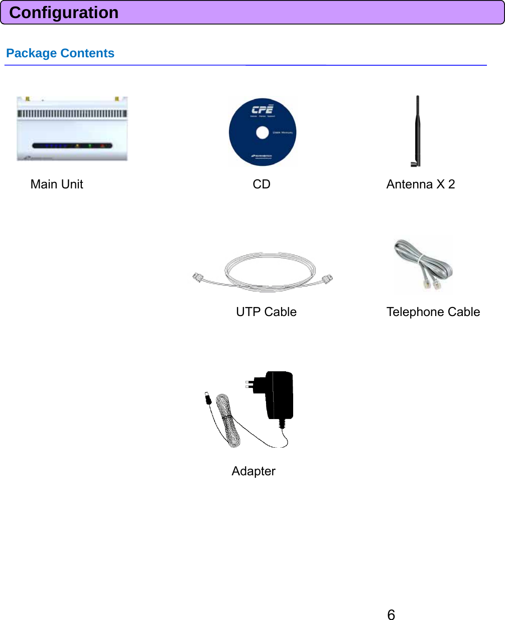 ConfigurationPackage ContentsMain Unit CD Antenna X 2UTP Cable Telephone CableAdapter6