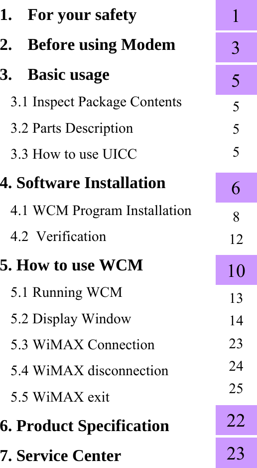 105655513228121314232425231. For your safety2. Before using Modem3. Basic usage3.1 Inspect Package Contents3.2 Parts Description3.3 How to use UICC4. Software Installation4.1 WCM Program Installation4.2  Verification5. How to use WCM5.1 Running WCM5.2 Display Window5.3 WiMAX Connection5.4 WiMAX disconnection5.5 WiMAX exit6. Product Specification7. Service Center
