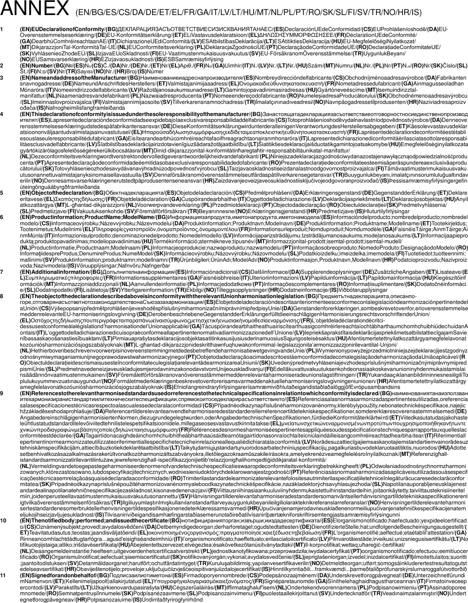 ANNEX (EN/BG/ES/CS/DA/DE/ET/EL/FR/GA/IT/LV/LT/HU/MT/NL/PL/PT/RO/SK/SL/FI/SV/TR/NO/HR/IS)1 (EN)EUDeclarationofConformity/(BG)ДЕКЛАРАЦИЯЗАСЪОТВЕТСТВИЕСИЗИСКВАНИЯТАНАЕС/(ES)DeclaraciónUEdeConformidad/(CS)EUProhlášeníoshodě/(DA)EU-Overensstemmelseserklæ ring/(DE)EU-Konformitätserklärung/(ET)ELiVastavusdeklaratsioon/(EL)ΔΗΛΩΣΗΣΥΜΜΟΡΦΩΣΗΣΕΕ/(FR)DéclarationUEdeConformité/ (GA)DearbhúComhréireachtaanAE/(IT)DichiarazioneUEdiConformità/(LV)ESAtbilstībasDeklarācija/(LT)ESAtitiktiesDeklaracija/(HU)EU-MegfelelőségiNyilatkozat/ (MT)DikjarazzjoniTal-KonformitàTal-UE/(NL)EUConformiteitsverklaring/(PL)DeklaracjaZgodnościUE/(PT)DeclaraçãodeConformidadeUE/(RO)DeclarațiadeConformitateUE/ (SK)VyhlásenieoZhodeEÚ /(SL)IzjavaEUoSkladnosti/(FI)EU-Vaatimustenmukaisuusvakuutus/(SV)EU-FörsäkranomÖ verensstämmelse/(TR)UygunlukBeyanı/ (NO)EUSamsvarserklæ ring/(HR)EZizjavaosukladnosti/(IS)ESBSamræ misyfirlýsing 2 (EN)Number/(BG)№/(ES)No/(CS)Č./(DA)Nr./(DE)Nr./(ET)Nr/(EL)Αριθ./(FR)No/(GA)Uimhir/(IT)N./(LV)Nr./(LT)Nr./(HU)Szám/(MT)Numru/(NL)Nr./(PL)Nr/(PT)N.o/(RO)Nr/(SK)Číslo/(SL)Št./(FI)N:o/(SV)Nr/(TR)Sayısı/(NO)Nr./(HR)Broj/(IS)Númer 3 (EN)NameandaddressoftheManufacturer/(BG)Наименованиеиадреснапроизводителя/(ES)Nombreydireccióndelfabricante/(CS)Obchodníjménoaadresavýrobce/(DA)Fabrikantensnavnogadresse/(DE)NameundAnschriftdesHerstellers/(ET)Valmistajanimijaaadress/(EL)Όνομακαιδιεύθυνσηκατασκευαστή/(FR)Nometadressedufabricant/(GA)AinmagusseoladhanMónaróra/(IT)Nomeeindirizzodelfabbricante/(LV)Ražotājanosaukumsunadrese/(LT)Gamintojopavadinimasiradresas/(HU)Gyártóneveéscíme/(MT)Isemuindirizztal-manifattur/(NL)Naamenadresvandefabrikant/(PL)Nazwaiadresproducenta/(PT)Nomeeendereçodofabricante/(RO)NumeleșiadresaProducătorului/(SK)Obchodnémenoaadresavýrobcu/(SL)Imeinnaslovproizvajalca/(FI)Valmistajannimijaosoite/(SV)Tillverkarensnamnochadress/(TR)İmalatçınınadıveadresi/(NO)Navnpåogadressetilprodusenten/(HR)Naziviadresaproizvođača/(IS)Nafnogheimilisfangframleiðanda 4 (EN)Thisdeclarationofconformityisissuedunderthesoleresponsibilityofthemanufacturer/(BG)Занастоящатадекларациязасъответствиеотговорностносиединственопроизводителят/(ES)Lapresentedeclaracióndeconformidadseexpidebajolaexclusivaresponsabilidaddelfabricante/(CS)Totoprohlášeníoshoděvydalnavlastníodpovědnostvýrobce/(DA)Denneoverensstemmelseserklæ ringudstedespåfabrikantensansvar/(DE)DieseKonformitätserklärungwirdunterderalleinigenVerantwortungdesHerstellersabgegeben/(ET)Käesolevvastavusdeklaratsioononväljaantudvalmistajaainuvastutusel/(EL)Ηπαρούσαδήλωσησυμμόρφωσηςεκδίδεταιμεαποκλειστικήευθύνητουκατασκευαστή/(FR)Laprésentedéclarationdeconformitéestétabliesouslaseuleresponsabilitédufabricant/(GA)Eisítearandearbhúcomhréireachtafaoifhreagrachtaonairanmhonaróra/(IT)Lapresentedichiarazionediconformitàèrilasciatasottolaresponsabilitàesclusivadelfabbricante/(LV)Šīatbilstībasdeklarācijairizdotavienīgiuzšādaražotājaatbildību/(LT)Šiatitiktiesdeklaracijaišduotatikgamintojoatsakomybe/(HU)Emegfelelőséginyilatkozatagyártókizárólagosfelelősségérekerülkibocsátásra/(MT)Dinid-dikjarazzjonital-konformitàtinħaregtaħtir-responsabbiltàunikatal-manifattur/ (NL)Dezeconformiteitsverklaringwordtverstrektondervolledigeverantwoordelijkheidvandefabrikant/(PL)Niniejszadeklaracjazgodnościwydanazostajenawyłącznąodpowiedzialnośćproducenta/(PT)Apresentedeclaraçãodeconformidadeéemitidasobaexclusivaresponsabilidadedofabricante/(RO)Prezentadeclarațiedeconformitateesteemisăperăspundereaexclusivăaproducătorului/(SK)Totovyhlásenieozhodesavydávanavýhradnúzodpovednosťvýrobcu/(SL)Taizjavaoskladnostiseizdanalastnoodgovornostproizvajalca/(FI)Tämävaatimustenmukaisuusvakuutusonannettuvalmistajanyksinomaisellavastuulla/(SV)Dennaförsäkranomöverensstämmelseutfärdaspåtillverkarensegetansvar/(TR)Buuygunlukbeyanı,imalatçınınsorumluluğualtındaverilir/(NO)Dennesamsvarserklæ ringenerutstedtpåprodusentenseneansvar/(HR)Zaizdavanjeoveizjaveosukladnostiisključivojeodgovoranproizvođač/(IS)Þ essisamræ misyfirlýsingergefinúteingönguáábyrgðframleiðanda 5 (EN)Objectofthedeclaration/(BG)Обектнадекларацията/(ES)Objetodeladeclaración/(CS)Předmětprohlášení/(DA)Erklæ ringensgenstand/(DE)GegenstandderErklärung/(ET)Deklareeritavese/(EL)Σκοπόςτηςδήλωσης/(FR)Objetdeladéclaration/(GA)Cuspóirandearbhaithe/(IT)Oggettodelladichiarazione/(LV)Deklarācijaspriekšmets/(LT)Deklaracijosobjektas/(HU)Anyilatkozattárgya/(MT)L-għantad-dikjarazzjoni/(NL)Voorwerpvandeverklaring/(PL)Przedmiotdeklaracji/(PT)Objectodadeclaração/(RO)Obiectuldeclarației/(SK)Predmetvyhlásenia/ (SL)Predmetizjave/(FI)Vakuutuksenkohde/(SV)Föremålförförsäkran/(TR)Beyanınnesne/(NO)Erklæ ringensgjenstand/(HR)Predmetizjave/(IS)Hluturtilyfirlýsingar 6 (EN)Productinformation;ProductName;ModelName/(BG)Информациязапродукта,иметонапродукта,иметонамодела/(ES)Informacióndelproducto;nombredelproducto;nombredelmodelo/(CS)Informaceovýrobku;Názevvýrobku;Názevmodelu/(DA)Produktinformation;Produktnavn;Modelnavn/(DE)Produktinformation;Produktname;Modellname/(ET)Tootekirjeldus;Tootenimetus;Mudelinimi/(EL)Πληροφορίεςγιατοπροϊόν,όνομαπροϊόντος,όνομαμοντέλου/(FR)Informationsurleproduit;Nomduproduit;Nomdumodèle/(GA)FaisnéisTáirge;AinmTáirge;AinmMúnla/(IT)Informazionisulprodotto;denominazionedelprodotto;Nomedelmodello/(LV)Informācijaparizstrādājumu;Izstrādājumanosaukums;modeļanosaukums/(LT)Informacijaapieproduktą;produktopavadinimas;modeliopavadinimas/(HU)Termékinformáció;atermékneve;típusnév/(MT)Informazzjonital-prodott;isemtal-prodott;isemtal-mudell/ (NL)Productinformatie,Productnaam;Modelnaam/(PL)Informacjeoprodukcie;nazwaproduktu;nazwamodelu/(PT)Informaçãosobreoproduto;NomedoProduto;DesignaçãodoModelo/(RO)InformaţiidespreProdus;DenumireProdus;NumeModel/(SK)Informácieovýrobku;Názovvýrobku;Názovmodelu/(SL)Podatkioizdelku;imeizdelka;imemodela/(FI)Tuotetiedot;tuotteennimi;mallinimi/(SV)Produktinformation;produktnamn;modellnamn/(TR)Ürünbilgileri;ÜrünAdı;ModelAdı/(NO)Produktinformasjon,Produktnavn,Modellnavn/(HR)Podatcioproizvodu;Nazivproizvoda;Nazivmodela/(IS)Vöruupplýsingar;Nafnvöru;Nafngerðar 7 (EN)Additionalinformation/(BG)Допълнителнаинформация/(ES)Informaciónadicional/(CS)Dalšíinformace/(DA)Supplerendeoplysninger/(DE)ZusätzlicheAngaben/(ET)Lisateave/(EL)Συμπληρωματικέςπληροφορίες/(FR)Informationssupplémentaires/(GA)Faisnéisbhreise/(IT)Ulterioriinformazioni/(LV)Papilduinformācija/(LT)Papildomainformacija/(HU)Kiegészítőinformációk/(MT)Informazzjoniaddizzjonali/(NL)Aanvullendeinformatie/(PL)Informacjedodatkowe/(PT)Informaçõescomplementares/(RO)Informațiisuplimentare/(SK)Dodatočnéinformácie/(SL)Dodatnipodatki/(FI)Lisätietoja/(SV)Ytterligareinformation/(TR)Ekbilgi/(NO)Tilleggsopplysninger/(HR)Dodatneinformacije/(IS)Viðbótarupplýsingar 8 (EN)TheobjectofthedeclarationdescribedaboveisinconformitywiththerelevantUnionharmonisationlegislation/(BG)Предметътнадекларацията,описанпо-горе,отговарянасъответнотозаконодателствонаСъюзазахармонизация/(ES)ElobjetodeladeclaracióndescritaanteriormenteesconformeconlalegislacióndearmonizaciónpertinentedelaUnión/(CS)VýšepopsanýpředmětprohlášeníjeveshoděspříslušnýmiharmonizačnímiprávnímipředpisyUnie/(DA)Genstandenforerklæ ringen,sombeskrevetovenfor,erioverensstemmelsemeddenrelevanteEU-harmoniseringslovgivning/(DE)DerobenbeschriebeneGegenstandderErklärungerfülltdieeinschlägigenHarmonisierungsrechtsvorschriftenderUnion/ (EL)Οστόχοςτηςδήλωσηςπουπεριγράφεταιπαραπάνωείναισύμφωνοςμετησχετικήενωσιακήνομοθεσίαεναρμόνισης/(FR)L’objetdeladéclarationdécritci-dessusestconformeàlalégislationd’harmonisationdel’Unionapplicable/(GA)TácuspóirandearbhaitheathuairiscítearthuasigcomhréirlereachtaíochtábharthaumchomhchuibhiúdechuidanAontais/(IT)L’oggettodelladichiarazionedicuisopraèconformeallapertinentenormativadiarmonizzazionedell’Unione/(LV)IepriekšaprakstītaisdeklarācijaspriekšmetsatbilstattiecīgajamSavienībassaskaņošanastiesībuaktam/(LT)PirmiauaprašytasdeklaracijosobjektasatitinkasusijusiusderinamuosiusSąjungosteisėsaktus/(HU)Afentismertetettnyilatkozattárgyamegfelelavonatkozóuniósharmonizációsjogszabályoknak/(MT)L-għantad-dikjarazzjonideskritthawnfuqhuwakonformimal-leġislazzjonita’armonizzazzjonirilevantital-Unjoni/ (NL)HethierbovenbeschrevenvoorwerpisinovereenstemmingmetdedesbetreffendeharmonisatiewetgevingvandeUnie/(PL)Wymienionypowyżejprzedmiotniniejszejdeklaracjijestzgodnyzodnośnymiwymaganiamiunijnegoprawodawstwaharmonizacyjnego/(PT)OobjetodadeclaraçãoacimadescritoestáemconformidadecomalegislaçãodeharmonizaçãodaUniãoaplicável/(RO)ObiectuldeclarațieidescrismaisusesteînconformitateculegislațiarelevantădearmonizareaUniunii/(SK)UvedenýpredmetvyhláseniajevzhodespríslušnýmiharmonizačnýmiprávnymipredpismiÚ nie/(SL)PredmetnavedeneizjaveuskladujesmjerodavnimzakonodavstvomUnijeousklađivanju/(FI)Edelläkuvattuvakuutuksenkohdeonasiaakoskevanunioninyhdenmukaistamislainsäädännönvaatimustenmukainen/(SV)Föremåletförförsäkranovanöverensstämmermeddenrelevantaharmoniseradeunionslagstiftningen/(TR)YukarıdaaçıklananbildirininnesnesiilgiliToplulukuyummevzuatınauygundur/(NO)Formåletmederklæ ringenbeskrevetovenforerisamsvarmeddenaktuelleharmoniseringslovgivningeniunionen/(HR)Afentismertetettnyilatkozattárgyamegfelelavonatkozóuniósharmonizációsjogszabályoknak/(IS)Efniofangreindraryfirlýsingarerísamræ miviðhlutaðeigandistaðlaðalöggjöfEvrópusambandsins 9 (EN)Referencestotherelevantharmonisedstandardsusedorreferencestothetechnicalspecificationsinrelationtowhichconformityisdeclared/(BG)наименованиятанаизползванитехармонизиранистандартиилитехническитеспецификации,спрямокоитоседекларирасъответствието/(ES)Referenciasalasnormasarmonizadaspertinentesutilizadas,oreferenciasalasespecificacionestécnicasrespectoalascualessedeclaralaconformidad/(CS)Případnéodkazynapříslušnéharmonizovanénormy,kterébylypoužity,nebonatechnickéspecifikace,najejichžzákladěseshodaprohlašuje/(DA)Referencertilderelevanteanvendteharmoniseredestandarderellerreferencertildetekniskespecifikationer,somdererklæ resoverensstemmelsemed/(DE)AngabedereinschlägigenharmonisiertenNormen,diezugrundegelegtwurden,oderAngabedertechnischenSpezifikationen,fürdiedieKonformitäterklärtwird/(ET)Viitedkasutatudasjakohasteleühtlustatudstandarditelevõiviitedtehnilistelespetsifikatsioonidele,millegaseosesvastavustkinnitatakse/(EL)μνείατωνσχετικώνεναρμονισμένωνπροτύπωνπουχρησιμοποιήθηκανήτωντεχνικώνπροδιαγραφώνμεβάσητιςοποίεςδηλώνεταιησυμμόρφωση/(FR)Référencesdesnormesharmoniséespertinentesappliquéesoudesspécificationstechniquesparrapportauxquelleslaconformitéestdéclarée/(GA)Tagairtídonacaighdeáinchomhchuibhitheábharthaaúsáidtearnótagairtídonasonraíochtaíteicniúlaindáilleisangcomhréireachtadhearbhaítear/(IT)Riferimentiallepertinentinormearmonizzateutilizzateoriferimentiallespecifichetecnicheinrelazioneallequalièdichiaratalaconformità/(LV)Norādesuzattiecīgajiemsaskaņotajiemstandartiemvainorādesuztehniskāmspecifikācijām,attiecībāuzkotiekdeklarētaatbilstība/(LT)Taikytųdarniųjųstandartųnuorodosarbatechniniųspecifikacijų,pagalkuriasbuvodeklaruotaatitiktis,nuorodos/(HU)Adottesetbenhivatkozásazalkalmazásrakerültvonatkozóharmonizáltszabványokra,illetőlegazokraaműszakileírásokra,amelyekrenézveamegfelelésrolnyilatkoznak/(MT)Referenzigħall-istandardsarmonizzatirilevantilintużaw,jewreferenzigħall-ispeċifikazzjonijietlib&apos;relazzjonigħalihomqedtiġiddikjaratal-konformità/ (NL)Vermeldingvandetoegepastegeharmoniseerdenormenofvandetechnischespecificatieswaaropdeconformiteitsverklaringbetrekkingheeft/(PL)Odwołaniadoodnośnychnormzharmonizowanych,którezastosowano,lubdospecyfikacjitechnicznych,wodniesieniudoktórychdeklarowanajestzgodność/(PT)Referênciasàsnormasharmonizadasaplicáveisutilizadasouàsespecificaçõestécnicasemrelaçãoàsquaisédeclaradaaconformidade/(RO)Trimiterilastandardelearmonizaterelevantefolositesautrimiterilaspecificațiiletehniceînlegăturăcucaresedeclarăconformitatea/(SK)Prípadnéodkazynapríslušnépoužitéharmonizovanénormyaleboodkazynatechnickéšpecifikácie,nazákladektorýchsavyhlasujezhoda/(SL)Napotilanauporabljeneusklajenestandardealinapotilanatehničnespecifikacijezaskladnost,kisonavedenenaizjavi/(FI)Viittausniihinasiaankuuluviinyhdenmukaistettuihinstandardeihin,joitaonkäytetty,taiviittausteknisiineritelmiin,joidenperusteellavaatimustenmukaisuusvakuutusonannettu/(SV)Hänvisningartillderelevantaharmoniseradestandardersomanväntsellerhänvisningartilldetekniskaspecifikationerenligtvilkaöverensstämmelsenförsäkras/(TR)Ilgiliuyumlaştırılmışkullanılanstandartlarveyauygunlukbeyanileilgiliolarakteknikreferanslarreferanslar/(NO)Henvisningertilderelevanteharmonisertestandardenesomerbruktellerhenvisningertildespesifikasjonenedeterklæ ressamsvarmed/(HR)Upućivanjenamjerodavneusklađenenormeiliupućivanjenatehničkespecifikacijenatemeljukojihseizjavljujesukladnost/(IS)Tilvísaniríviðeigandisamhæ fingarstaðlasemerunotaðireðatilvísaniríþæ rtæ kniforskriftirsemtengjastsamræ misyfirlýsingunni 10 (EN)Thenotifiedbody;performed;andissuedthecertificate/(BG)нотифициранияторган;извърши;ииздадесертификата/(ES)Elorganismonotificado;haefectuado;yexpideelcertificado/(CS)Oznámenýsubjekt;provedl;avydalosvědčení/(DA)Detbemyndigedeorgan;derharforetaget;ogudstedtattesten/(DE)DienotifizierteStelle;hat;undfolgendeBescheinigungausgestellt/(ET)Teavitatudasutus;teostas;jaandisväljatõendi/(EL)οκοινοποιημένοςοργανισμός;πραγματοποίησε;καιεξέδωσετηβεβαίωση/(FR)L&apos;organismenotifié;aeffectué;etaétablil&apos;attestation/(GA)Rinneancomhlachtdádtugtarfógra...agusd&apos;eisighséandeimhniú/(IT)l’organismonotificato;haeffettuato;erilasciatoilcertificato/(LV)Pilnvarotāiestāde;irveikusi;unizsniegusisertifikātu/(LT)Notifikuotojiįstaiga;atliko;irišdavėsertifikatą/(HU)Abejelentettszervezet;elvégeztea;ésakövetkezőtanúsítványtadtaki/(MT)Il-korpnotifikat;wettaq;uħareġiċ-ċertifikat/ (NL)Deaangemeldeinstantie;heefteen;uitgevoerdenhetcertificaatverstrekt/(PL)jednostkanotyfikowana;przeprowadziła;iwydałacertyfikat/(PT)oorganismonotificado;efectuou;eemitiuocertificado/(RO)Organismulnotificat;aefectuat;șiaemiscertificatul/(SK)notifikovanýorgán;vykonal;avydalosvedčenie/(SL)jepriglašeniorgan;izvedel;inizdalcertifikat/(FI)ilmoitettulaitos;suoritti;jaantoitodistuksen/(SV)Detanmäldaorganet;harutfört;ochutfärdatintyget/(TR)Kuruluşabildirmiş;yapılanvesertifikaverilir/(NO)Detmeldteorgan;utført;somogsåinkluderertestresultatogutstedelseavsertifikat/(HR)Obaviještenotijelo;proveloje;uključujućiizvješćeoispitivanjuiizdalojecertifikat/(IS)Hinntilkynntiaðili...framkvæ mdi...þarmeðtaliðprófunarskýrslurnaroggafútvottorðið 11 (EN)Signedforandonbehalfof/(BG)Подписзаилиотиметона/(ES)Firmadoporyennombrede/(CS)Podepsánozaajménem/(DA)Underskrevetforogpåvegneaf/(DE)UnterzeichnetfürundimNamenvon/(ET)(Kellenimeljapoolt)allakirjutatud/(EL)Υπογραφήγιαλογαριασμόκαιεξονόματος/(FR)Signéparetaunomde/(GA)Sínithelehaghaidhagustharceannan/(IT)Firmatoinveceepercontodi/(LV)Parakstīts/(LT)Užkąirkienovardupasirašyta/(HU)Cégszerűaláírás/(MT)Iffirmatagħaluf&apos;isem/(NL)Ondertekendvoorennamens/(PL)Podpisanowimieniu/(PT)Assinadoporeemnomede/(RO)Semnatpentrușiînnumele/(SK)Podpísanézaavmene/(SL)Podpisanozainvimenu/(FI)puolestaallekirjoittanut/(SV)Undertecknatför/(TR)Veadınaimzalanmıştır/(NO)Undertegnetforogpåvegneav/(HR)Potpisanozaiuime/(IS)Undirritaðfyrirogfyrirhönd 