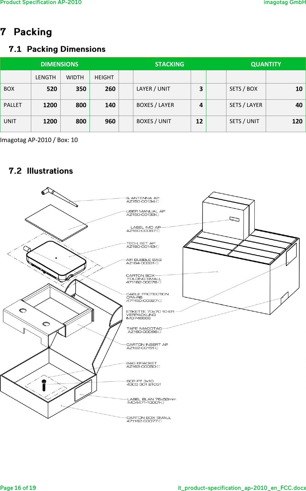   DIMENSIONS  STACKING  QUANTITY  LENGTH WIDTH HEIGHT       BOX 520 350 260  LAYER / UNIT 3  SETS / BOX 10 PALLET 1200 800 140  BOXES / LAYER 4  SETS / LAYER 40 UNIT 1200 800 960  BOXES / UNIT 12  SETS / UNIT 120 Imagotag AP-2010 / Box: 10         